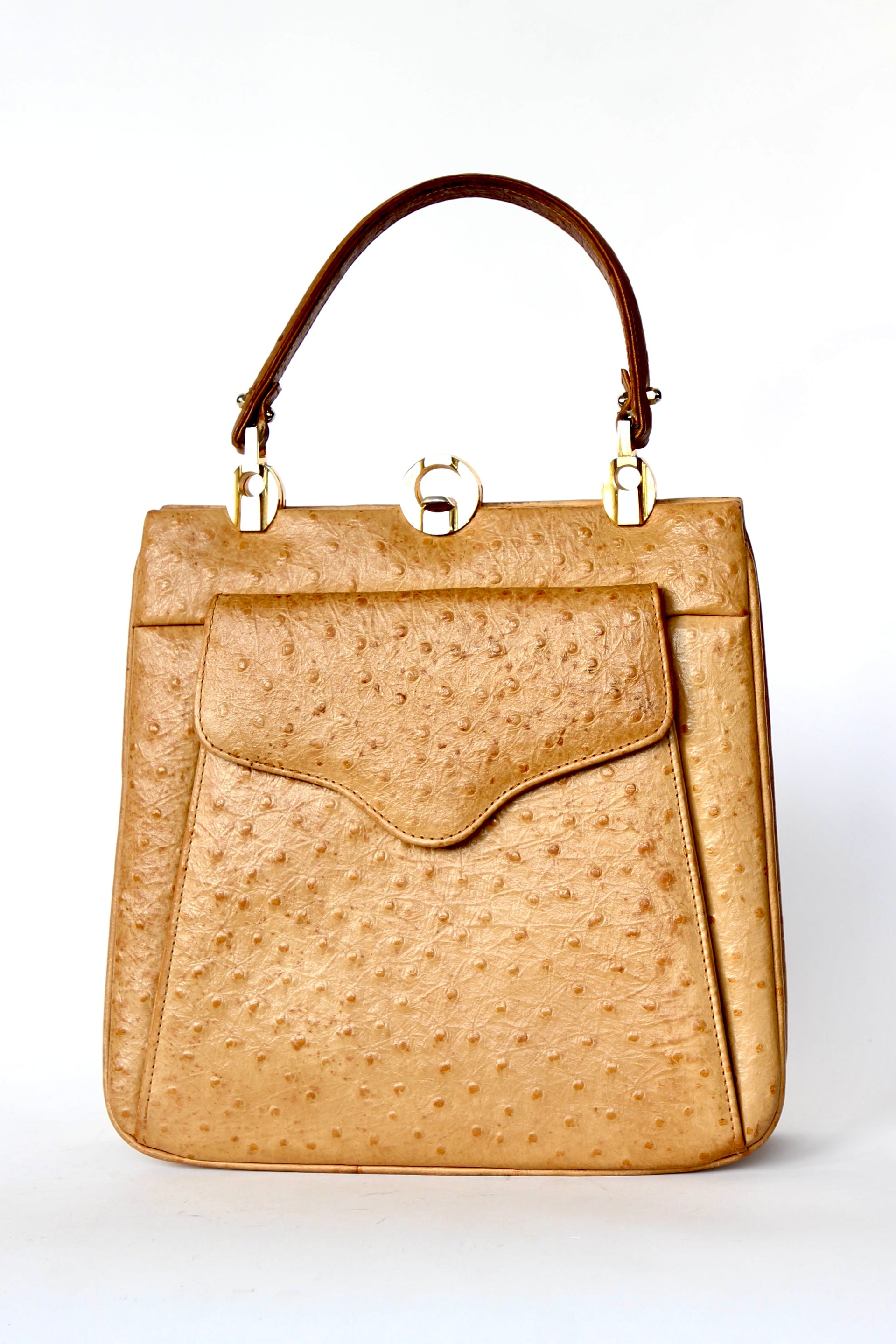 1940s Vintage Brown Ostrich Leather Top Handle Bag/Purse