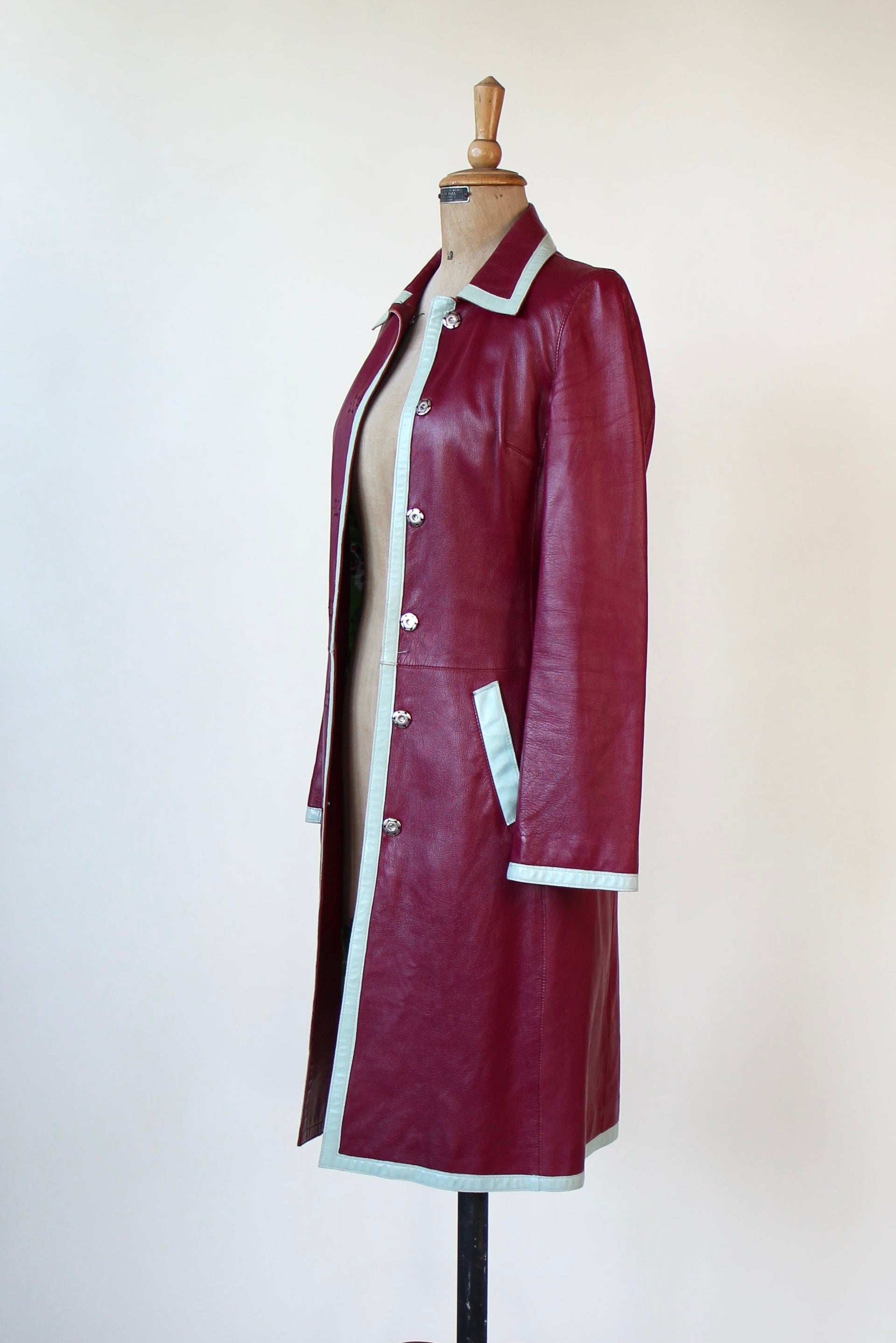 Y2K Italian Designer Burgundy Leather Trench Coat // Size XS/S