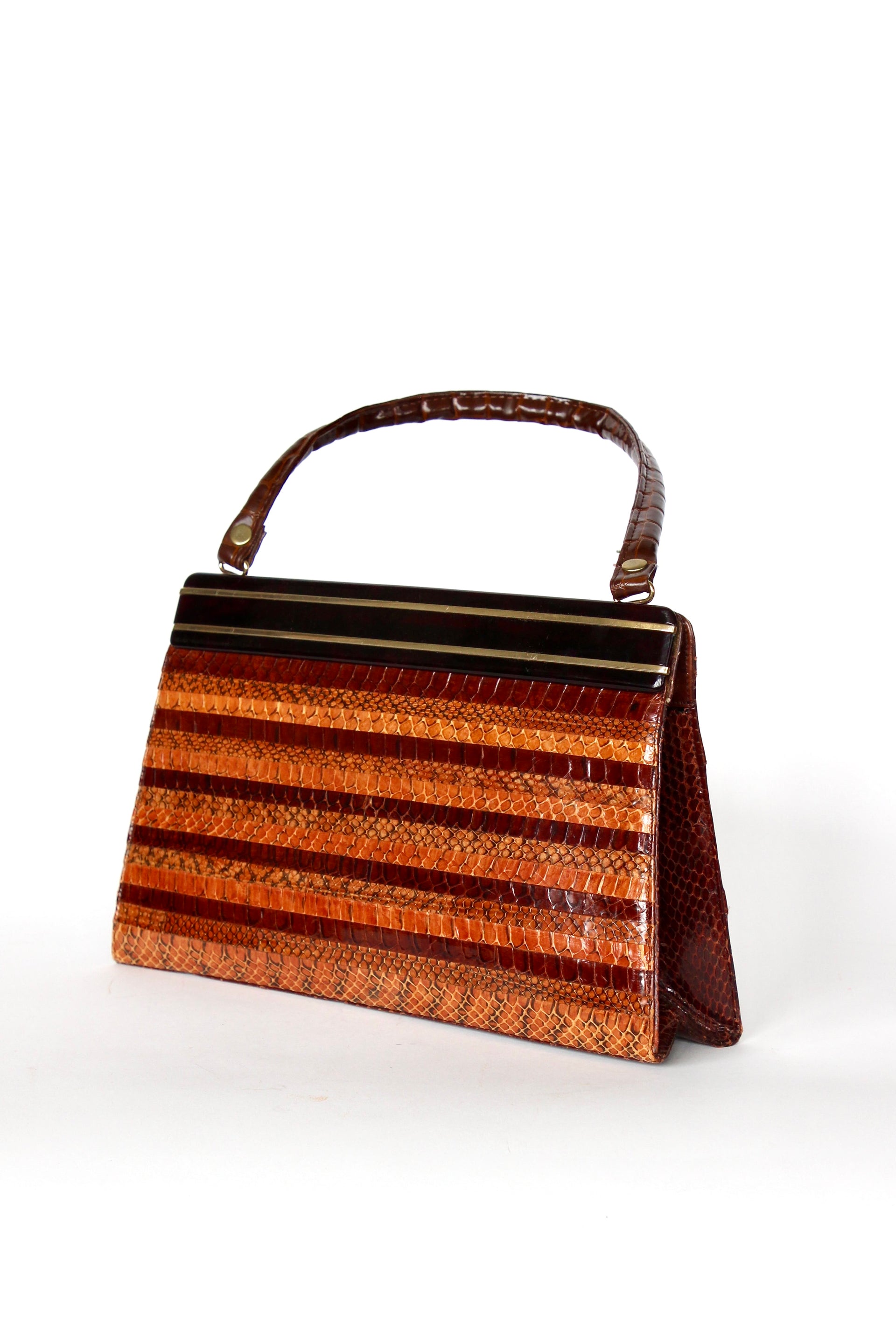 1950s 1960s Brown Snakeskin/Leather Top Handle Bag