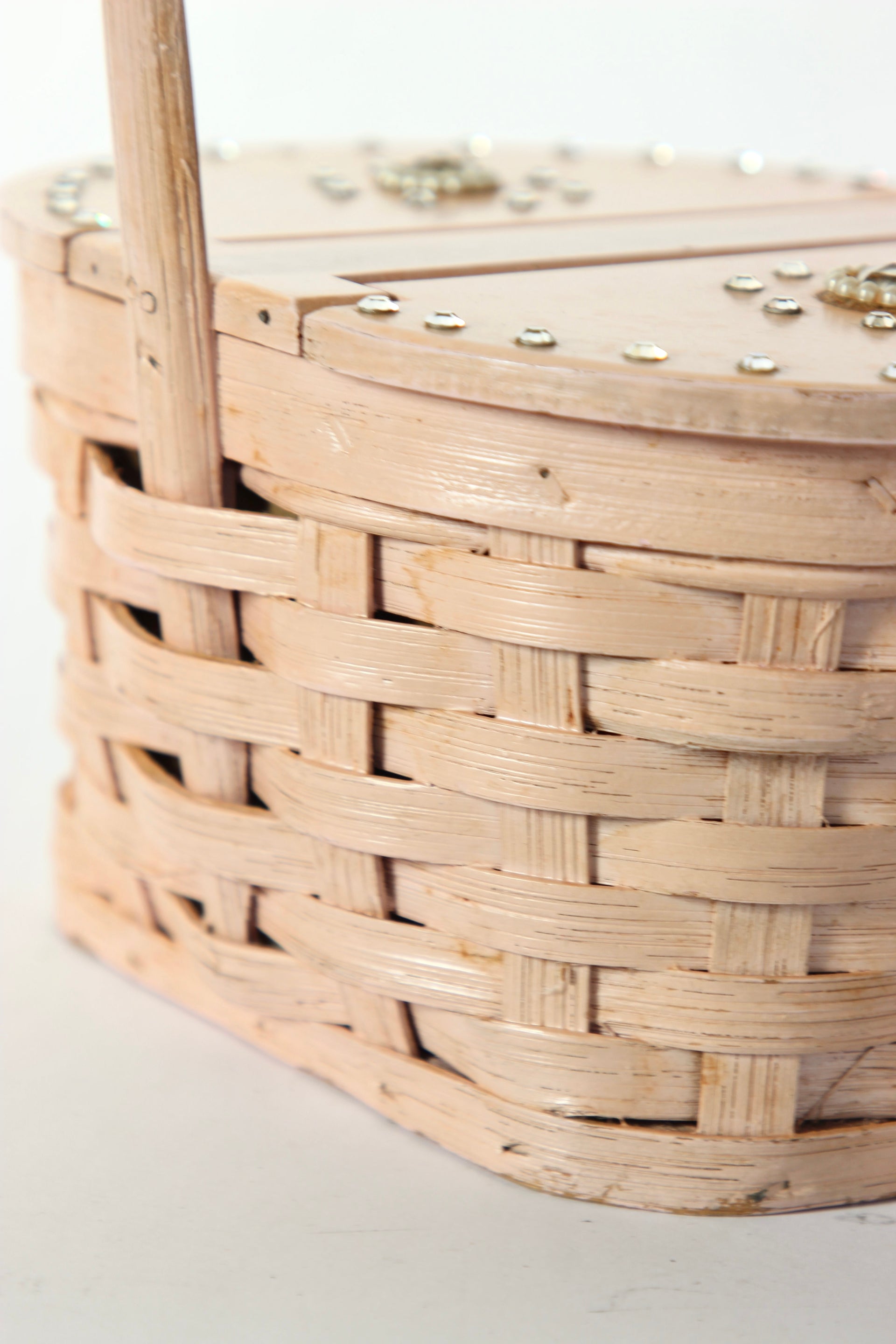 1950s Vintage Rose Woven Wood Basket Bag Purse