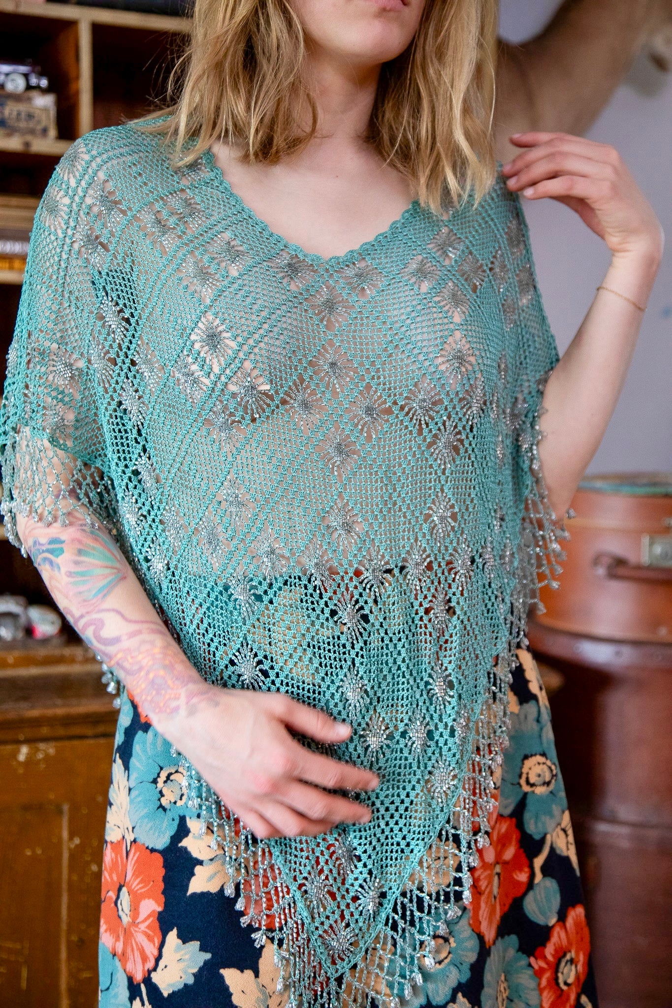 Vintage Turquoise Beaded Crochet Poncho