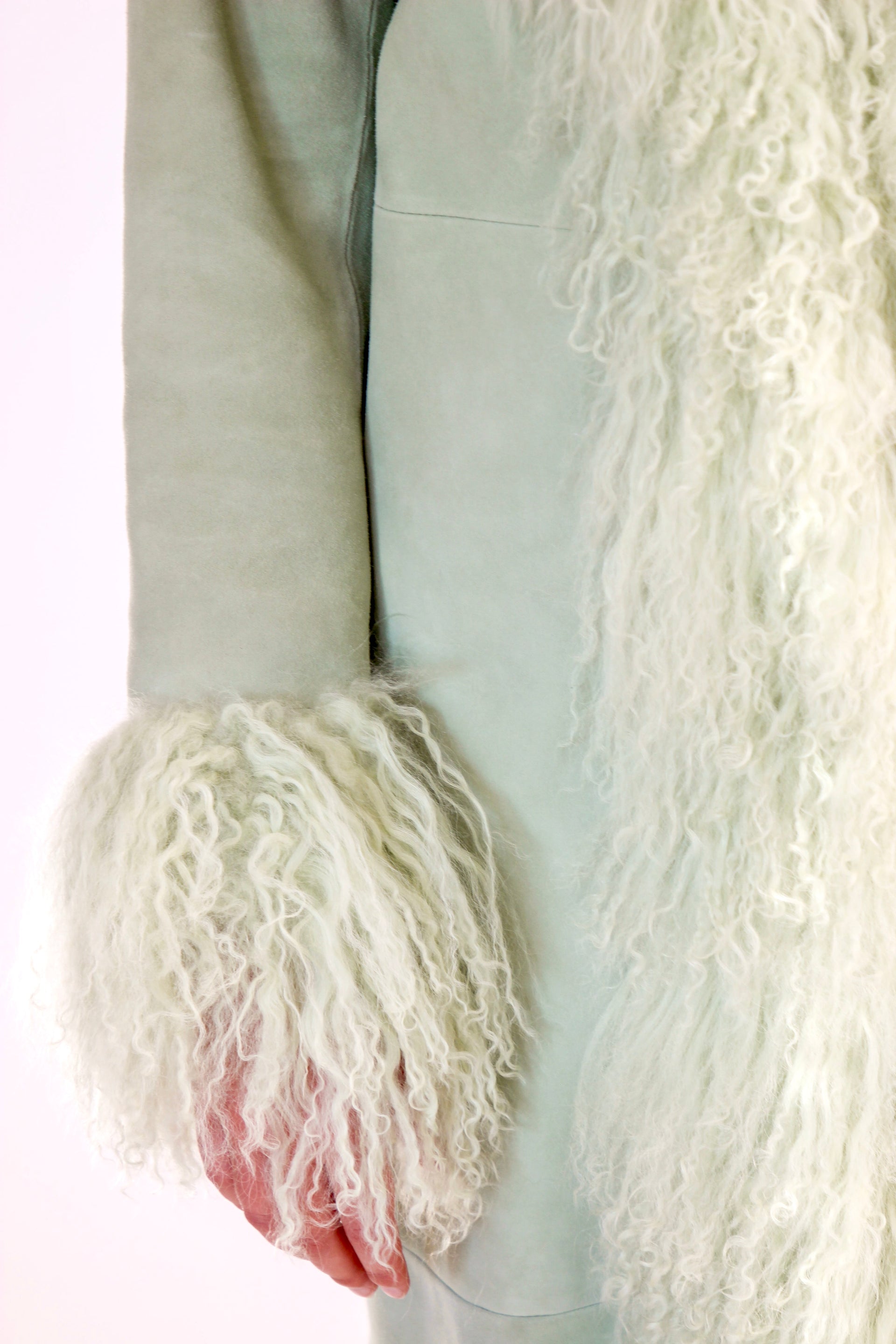 Mint Green Suede Leather Coat with Mongolian Sheep Fur