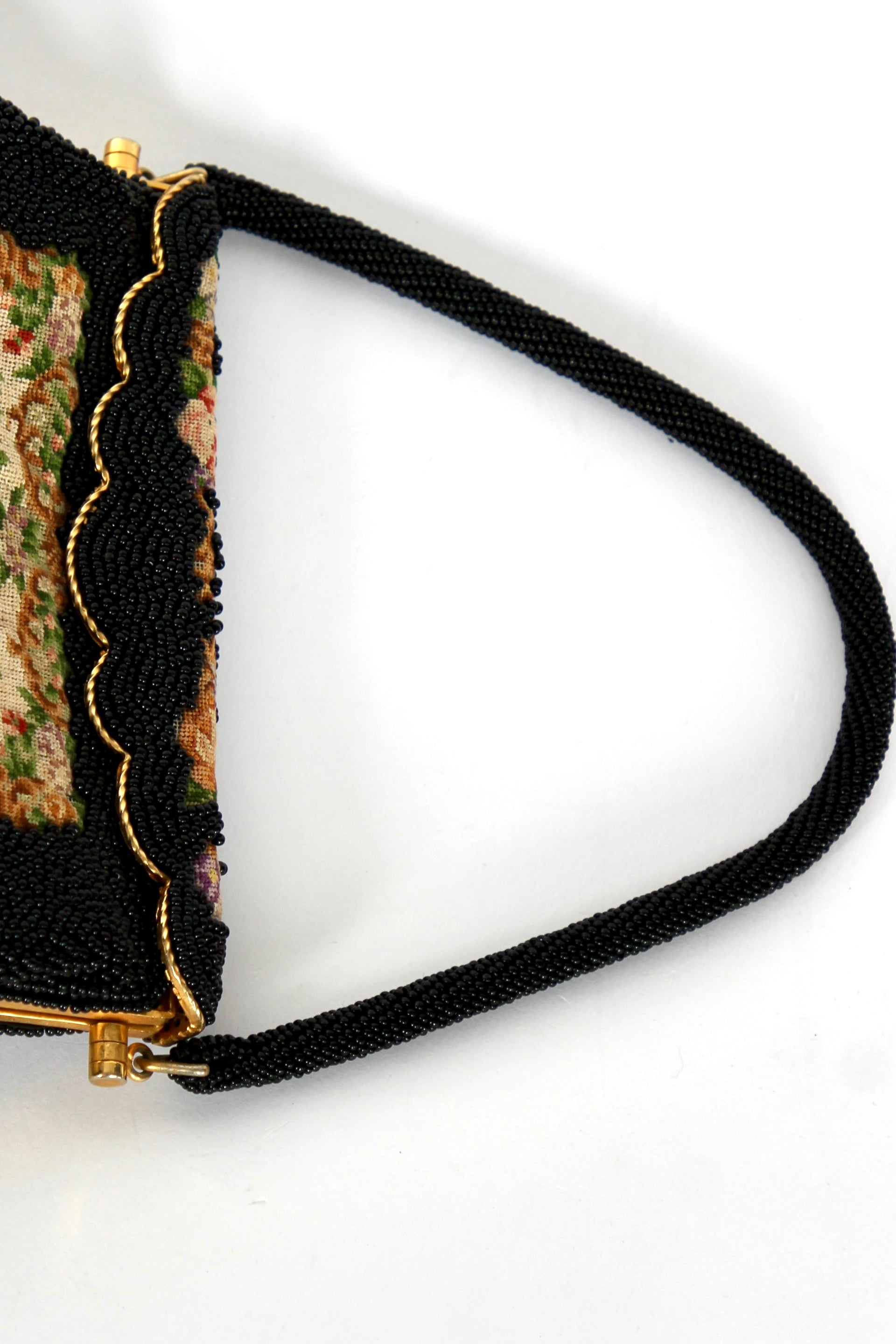 1940s 1950s Vintage Black Beaded & Floral Petit Point Evening Bag