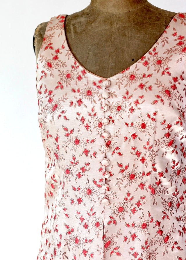 1950s 1960s Pink Brocade Maxi Dress//Size L