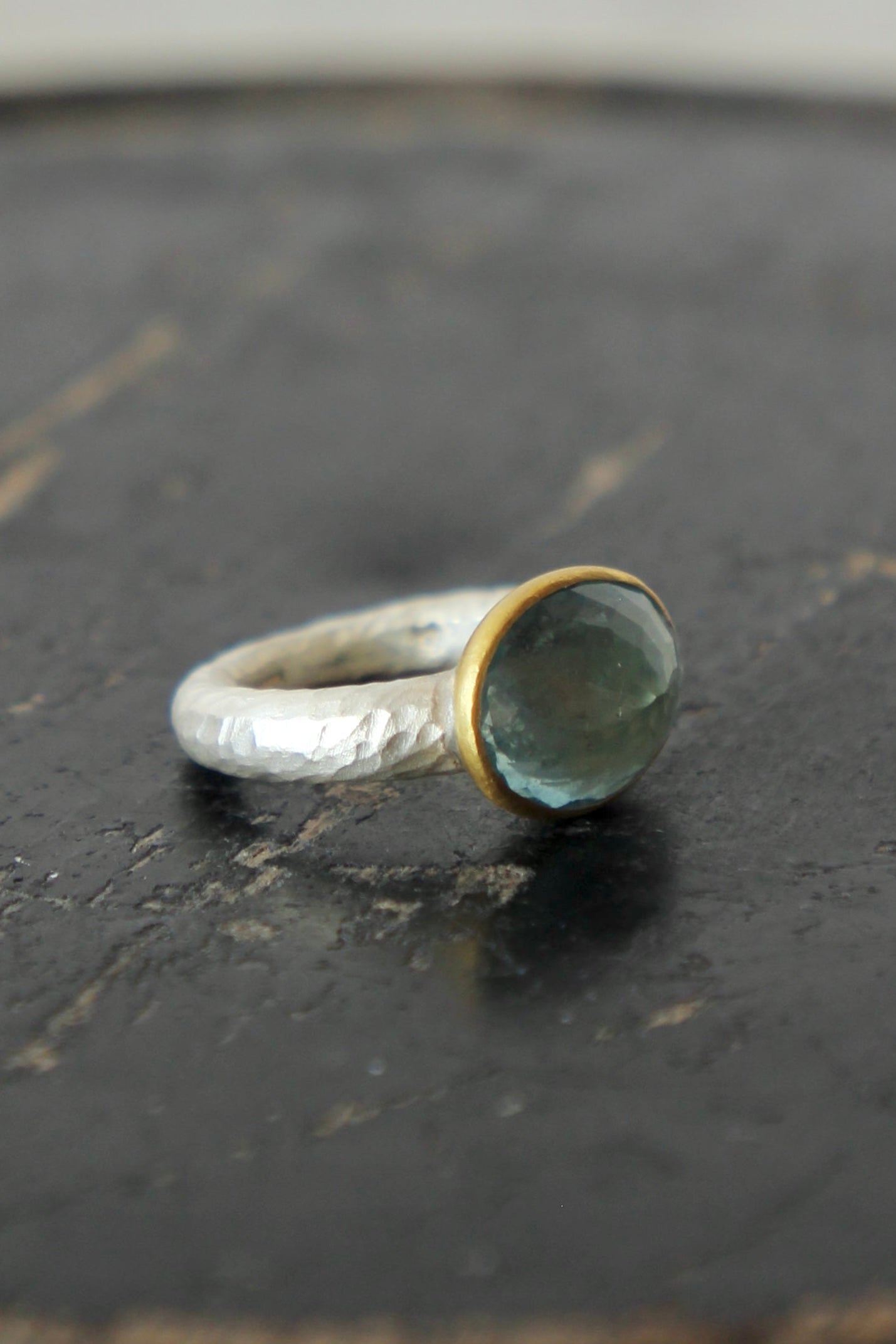 Handmade Aquamarine Ring // Poppy Dandiya // Hammered Sterling Silver // 24K Filled Gold // Size 53