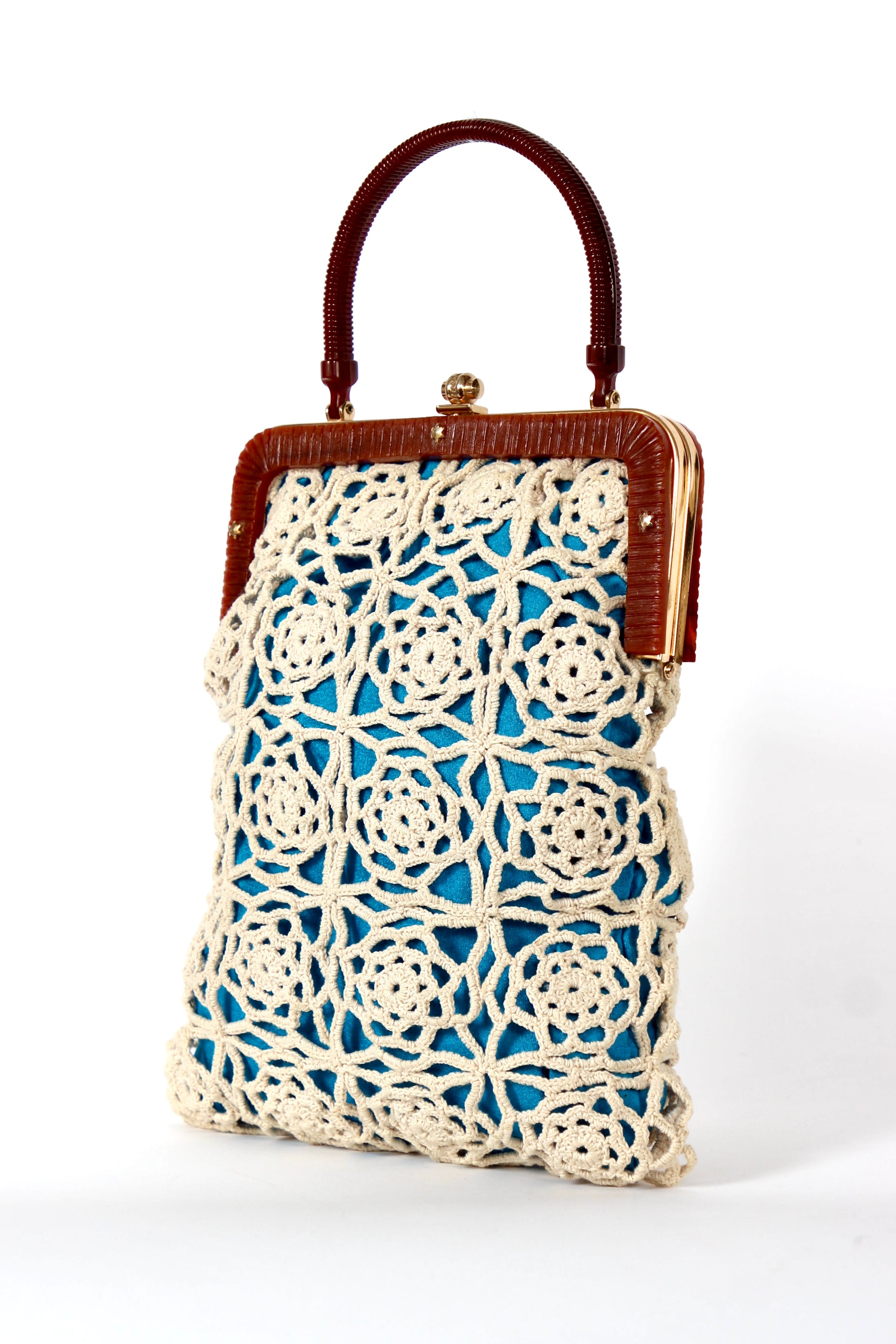 1960s Vintage Handmade Crochet Bag with Plastic Handle and Frame