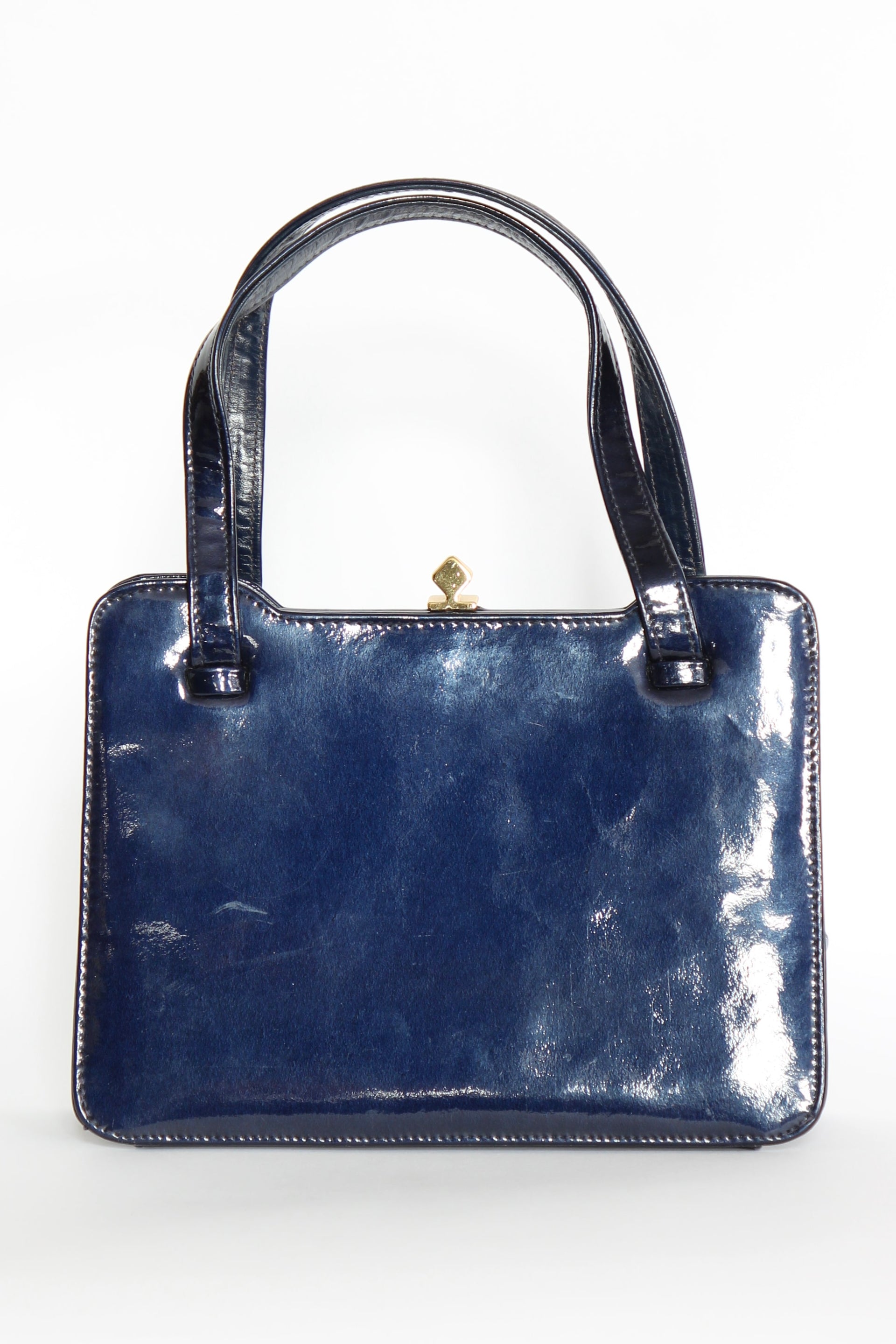 1950s 1960s Vintage Navy Blue Patent Leather Top Handle Bag/Purse