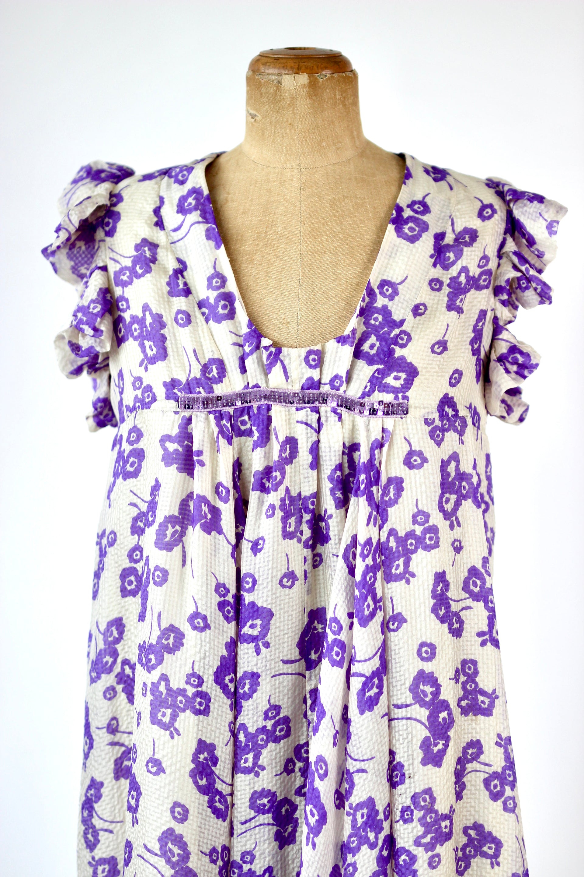 White Silk Dress with Purple Flower Print//Danish Design//Size M