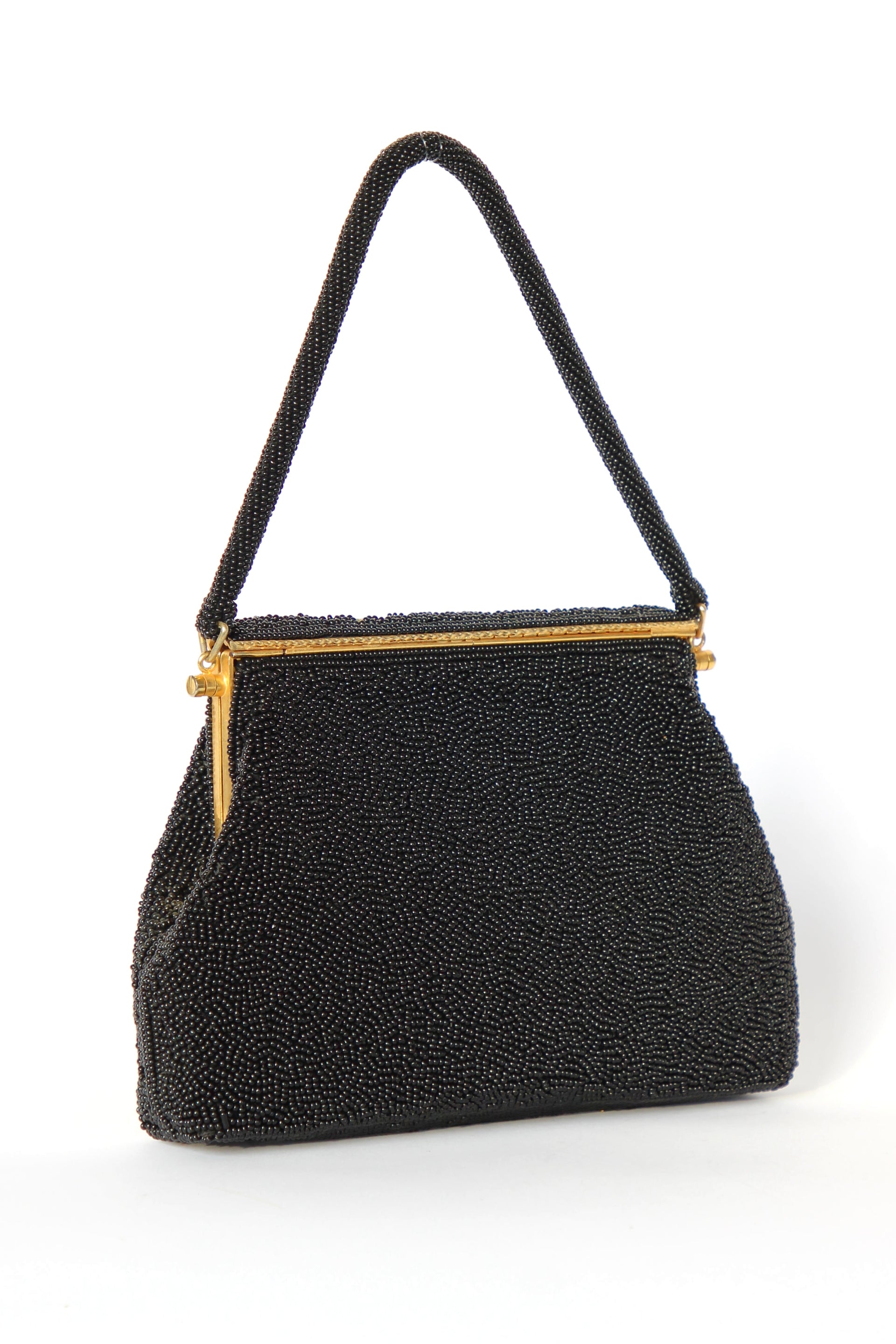 1940s 1950s Vintage Black Beaded & Floral Petit Point Evening Bag