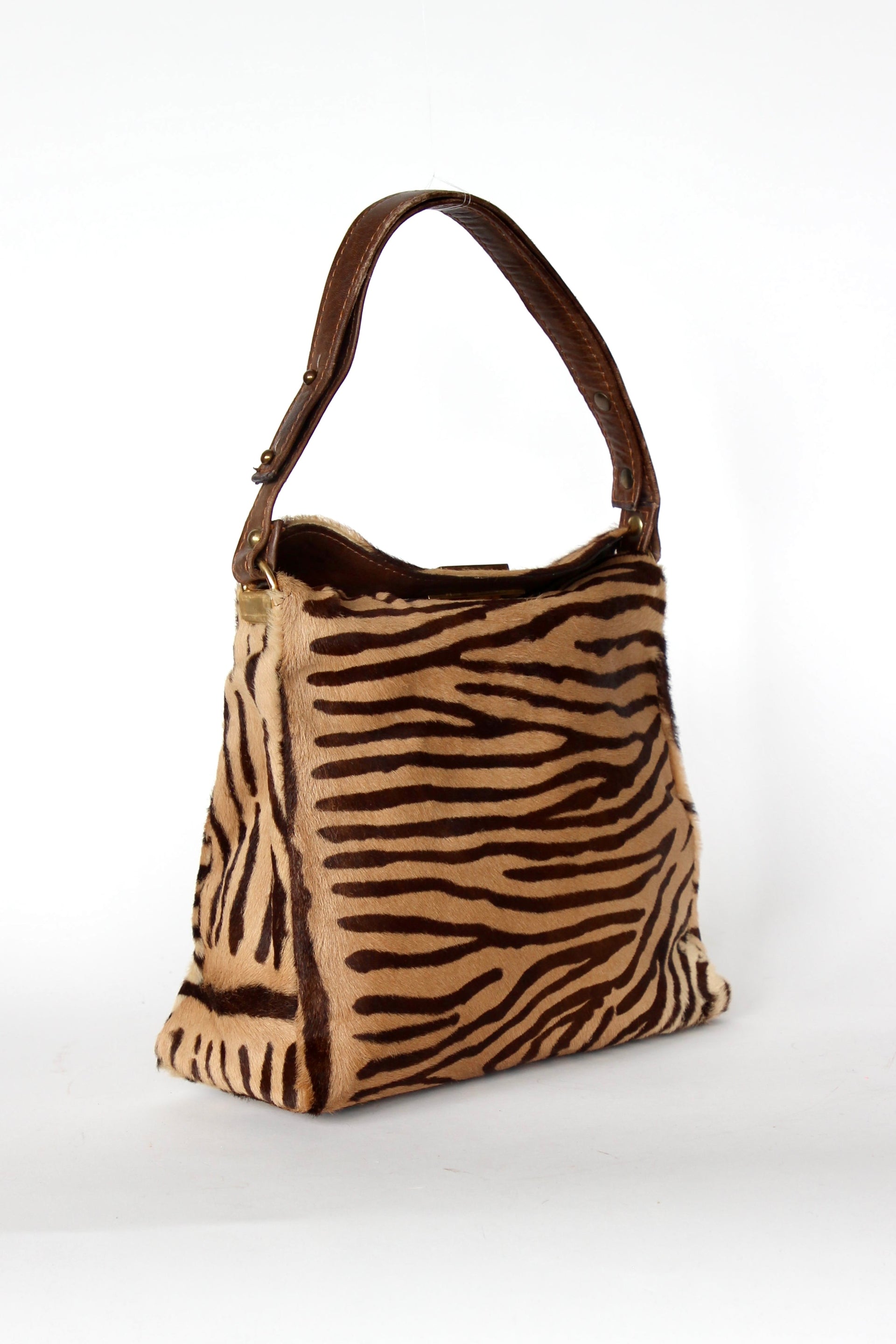 1960s Brown Fur Top Handle Bag with Tiger Pattern // Danish Design