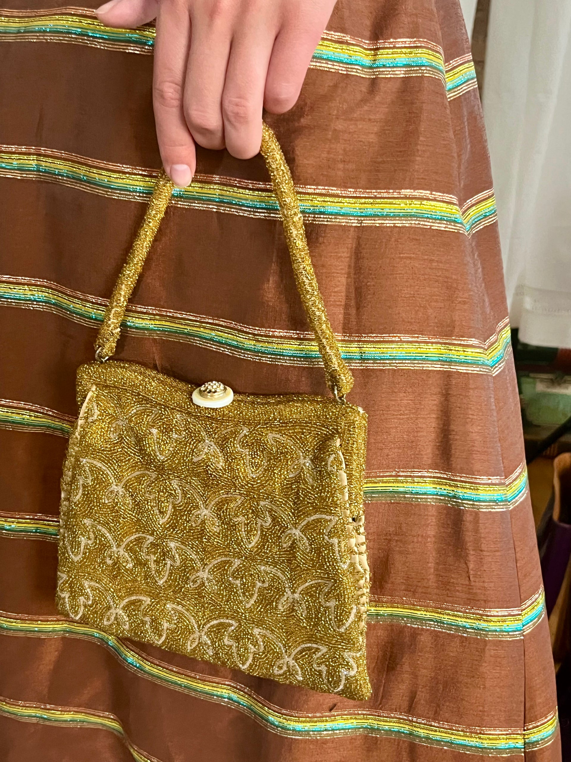 1950s Vintage Golden/Clear Beaded Top Handle Purse/Bag//Rhinestone Closure