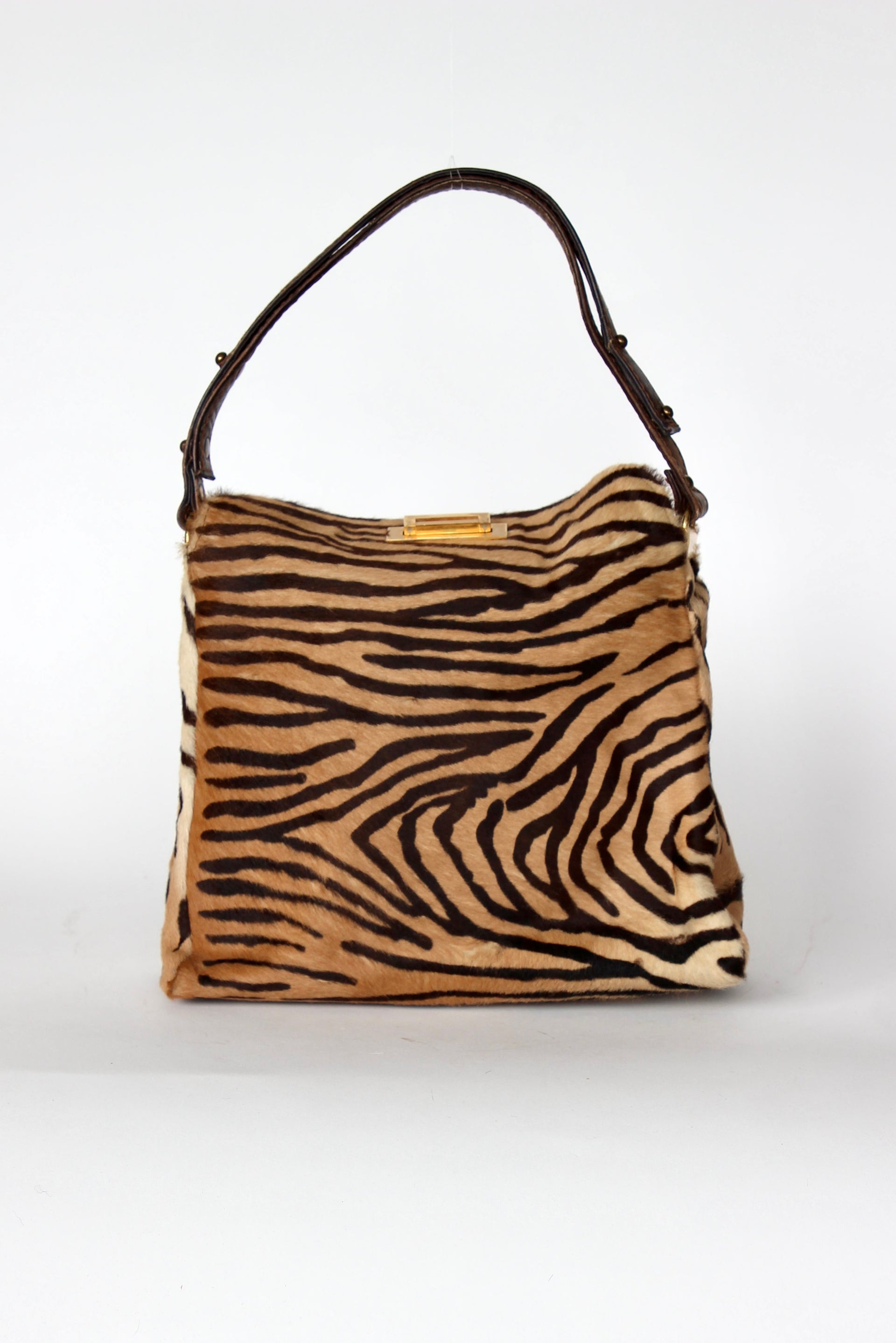 1960s Brown Fur Top Handle Bag with Tiger Pattern // Danish Design