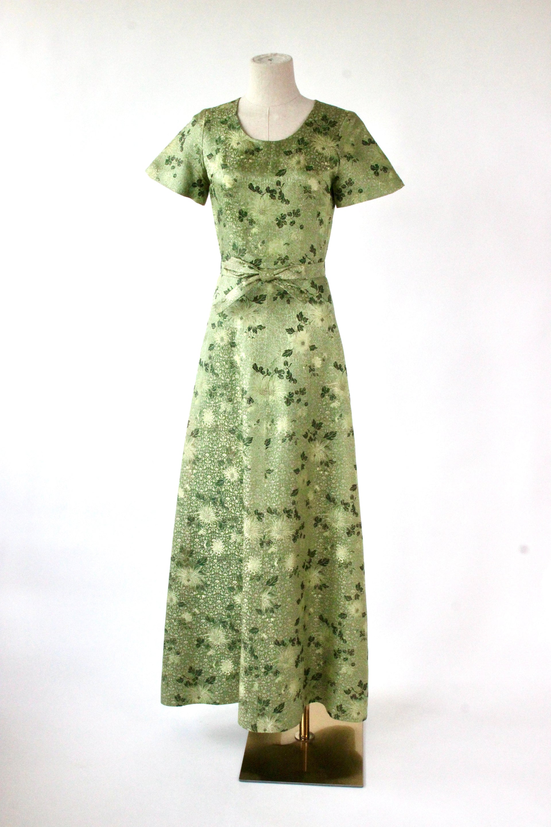 1950s 1960s Green/Gold Evening Gown with Chinese Inspired Pattern//Size XS/S