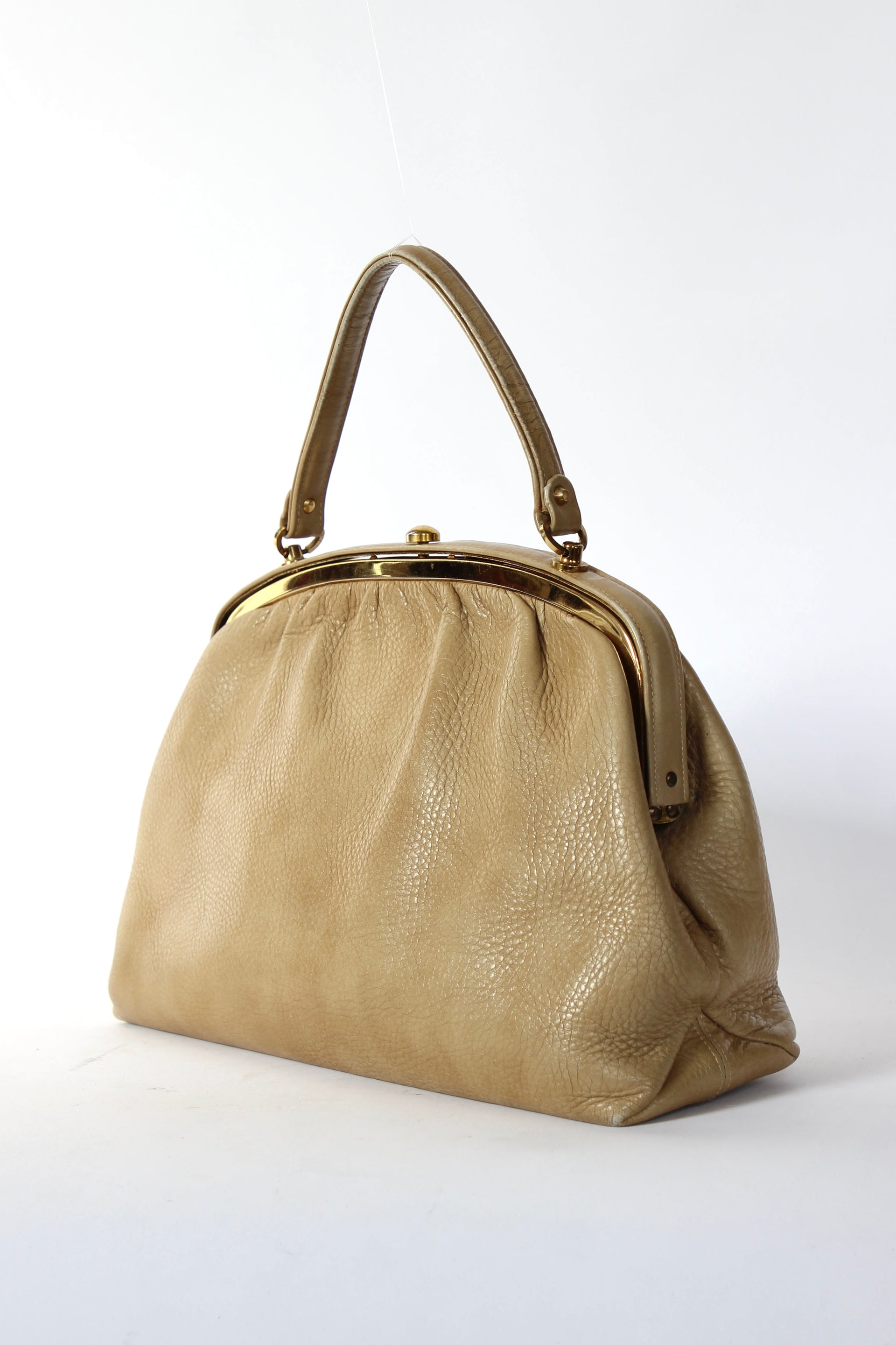 1960s Vintage Beige Leather Top Handle Bag with Green Leather Linen