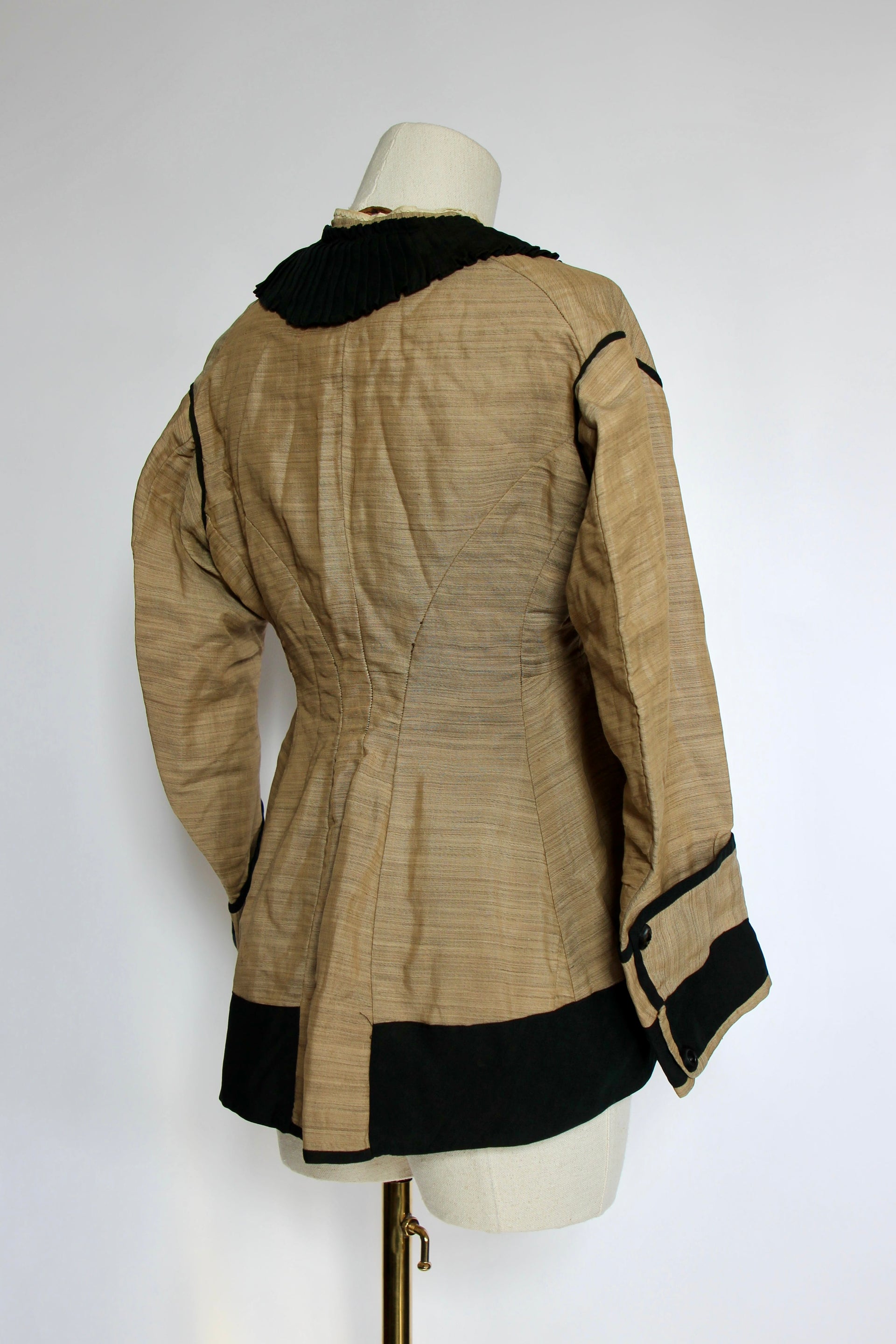 1879s Antique Victorian Beige Jacket with Black Collar and Cuffs Owned by Karin Strandberg, Sweden.