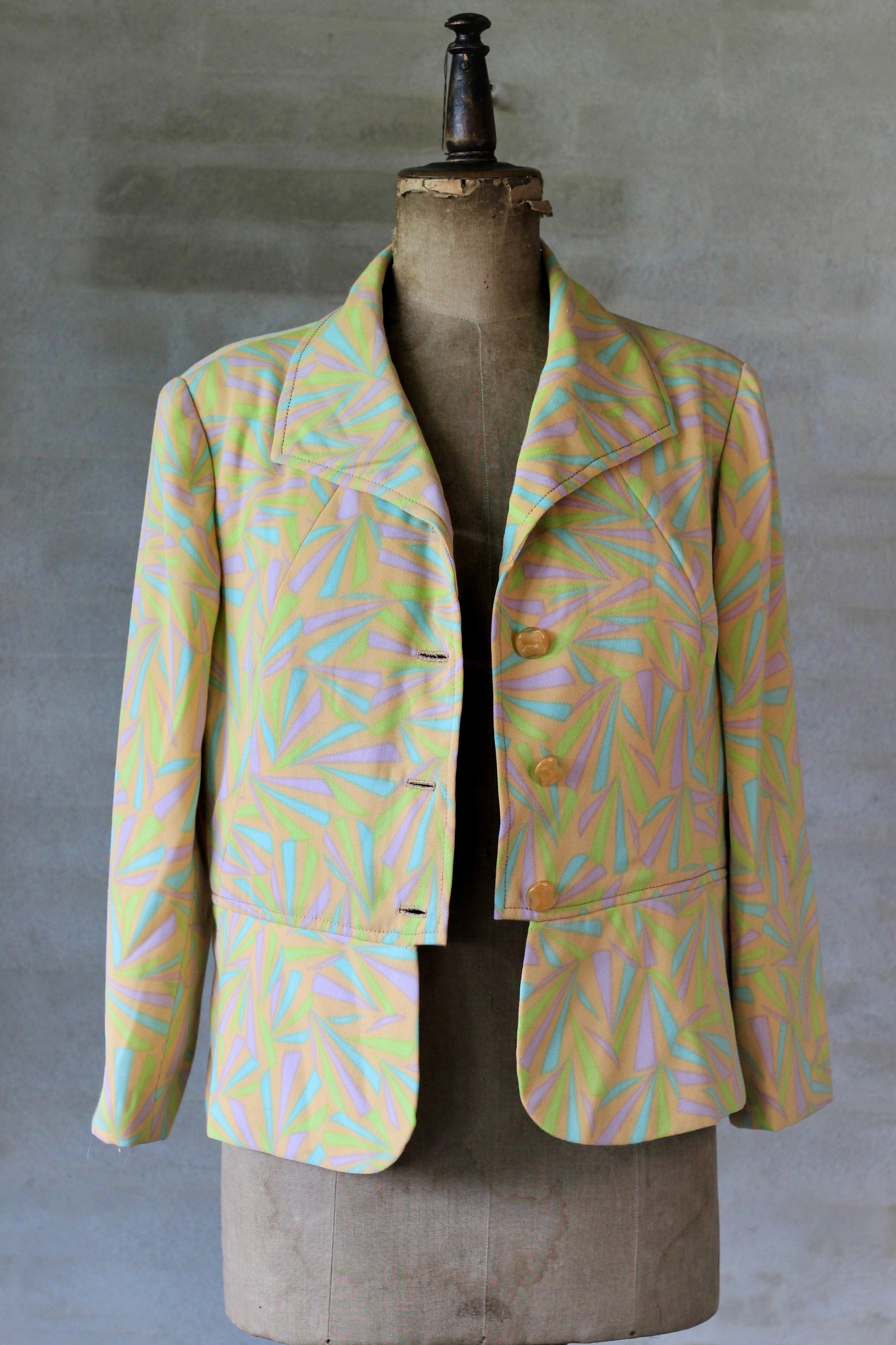 1960s 1970s Peplum Jacket/Psychedelic Yellow/Size L.