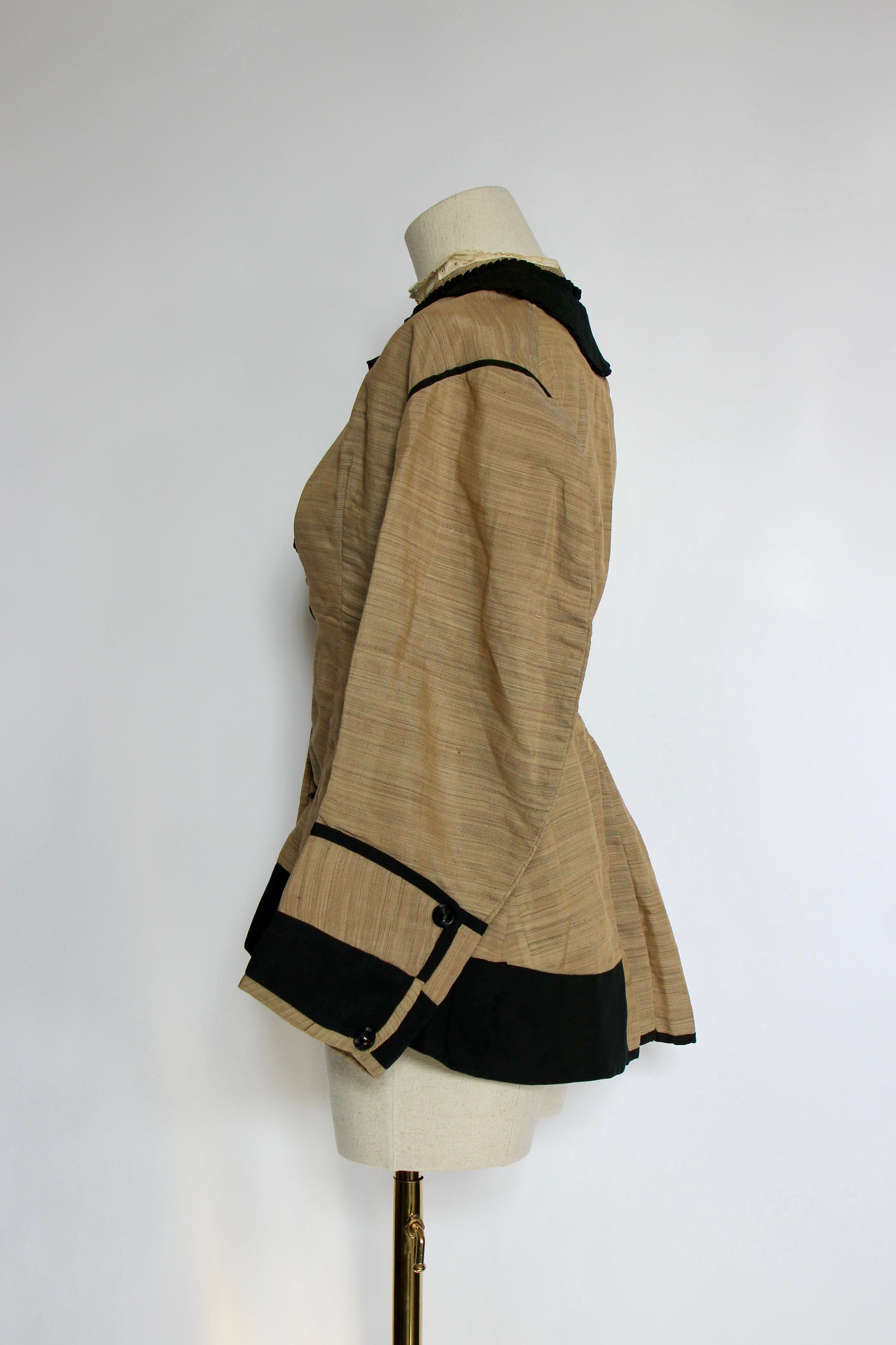 1879s Antique Victorian Beige Jacket with Black Collar and Cuffs Owned by Karin Strandberg, Sweden.