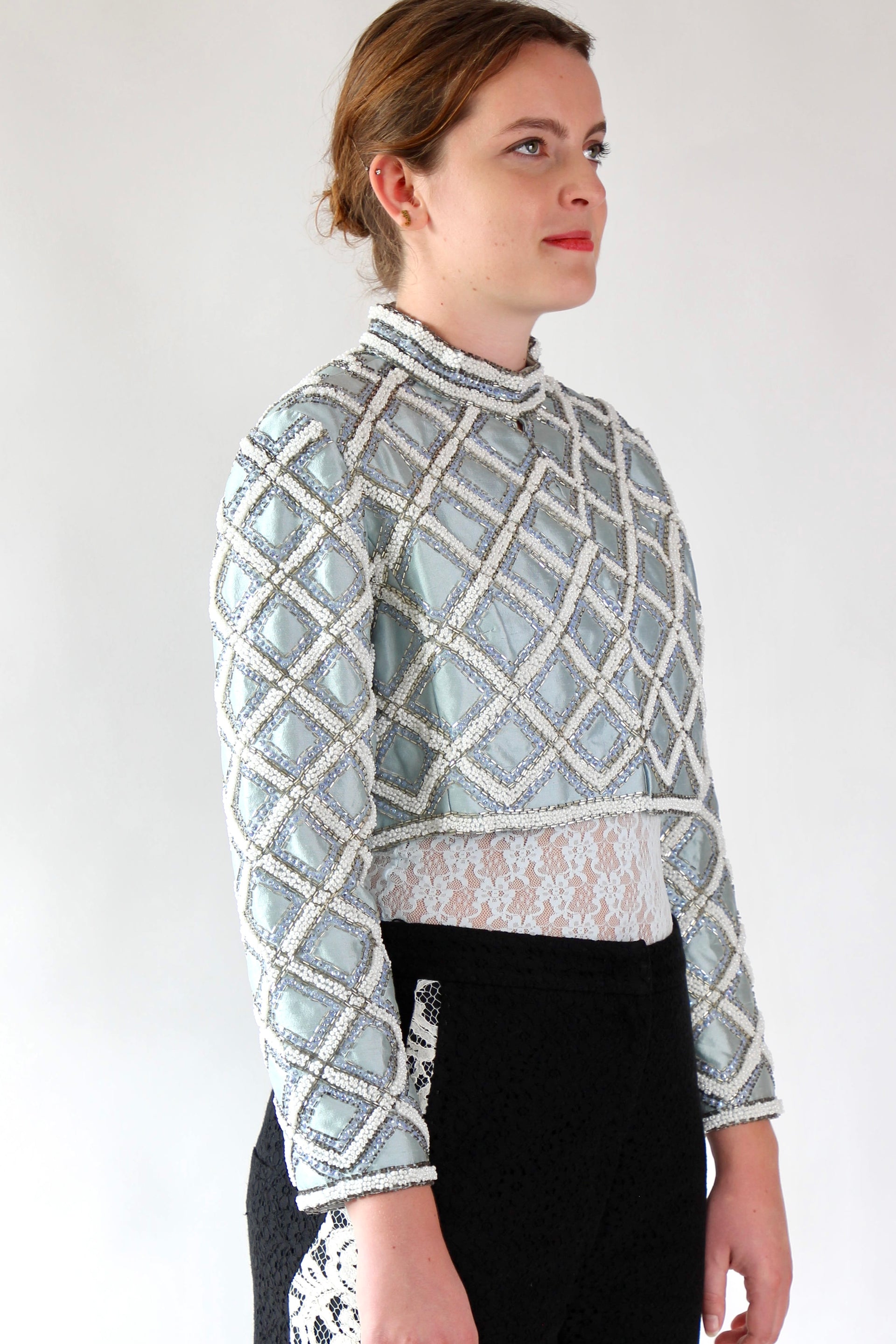 1950s 1960s Vintage Ice Blue Beaded Cropped Jacket/Bolero // Size S/M