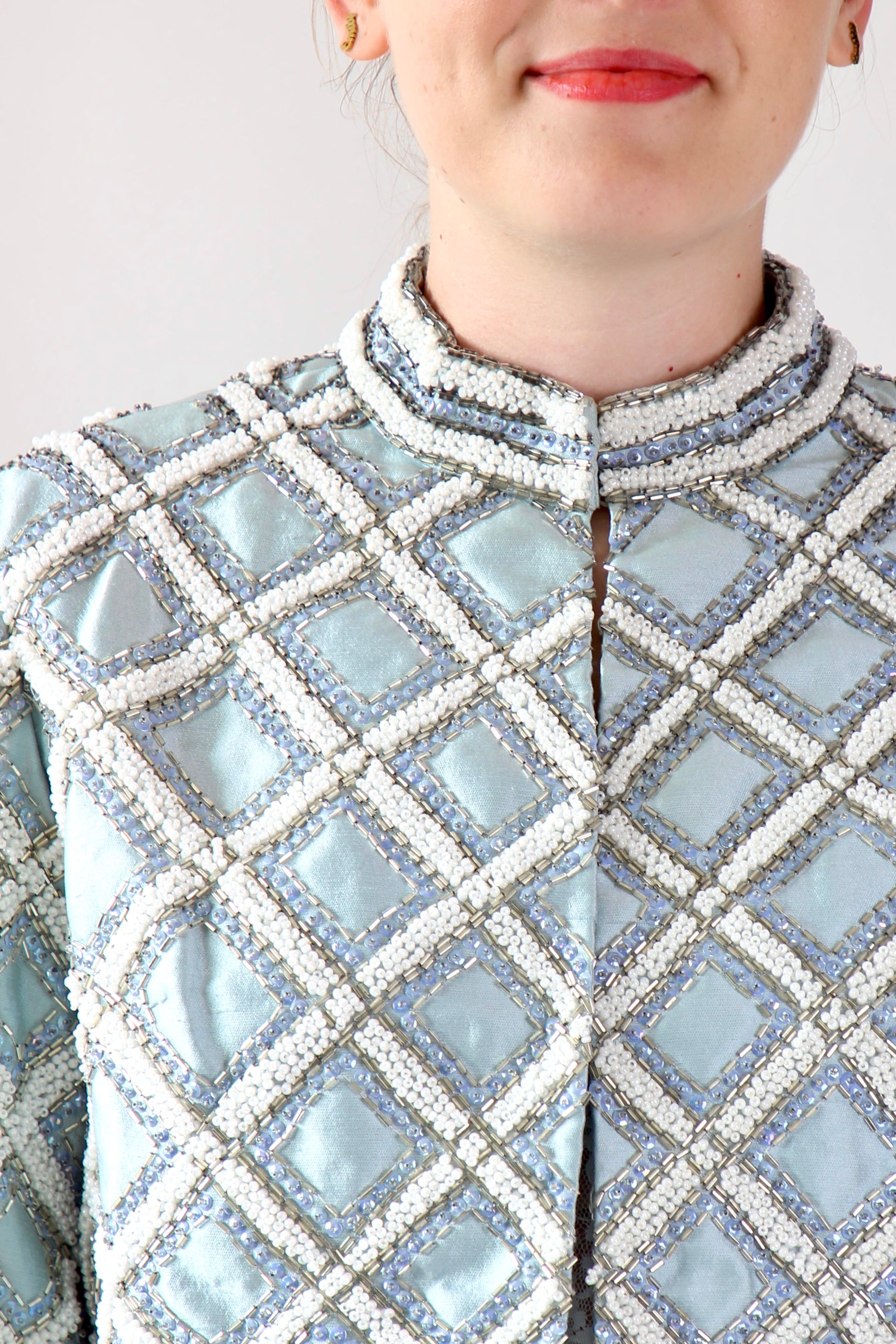 1950s 1960s Vintage Ice Blue Beaded Cropped Jacket/Bolero // Size S/M