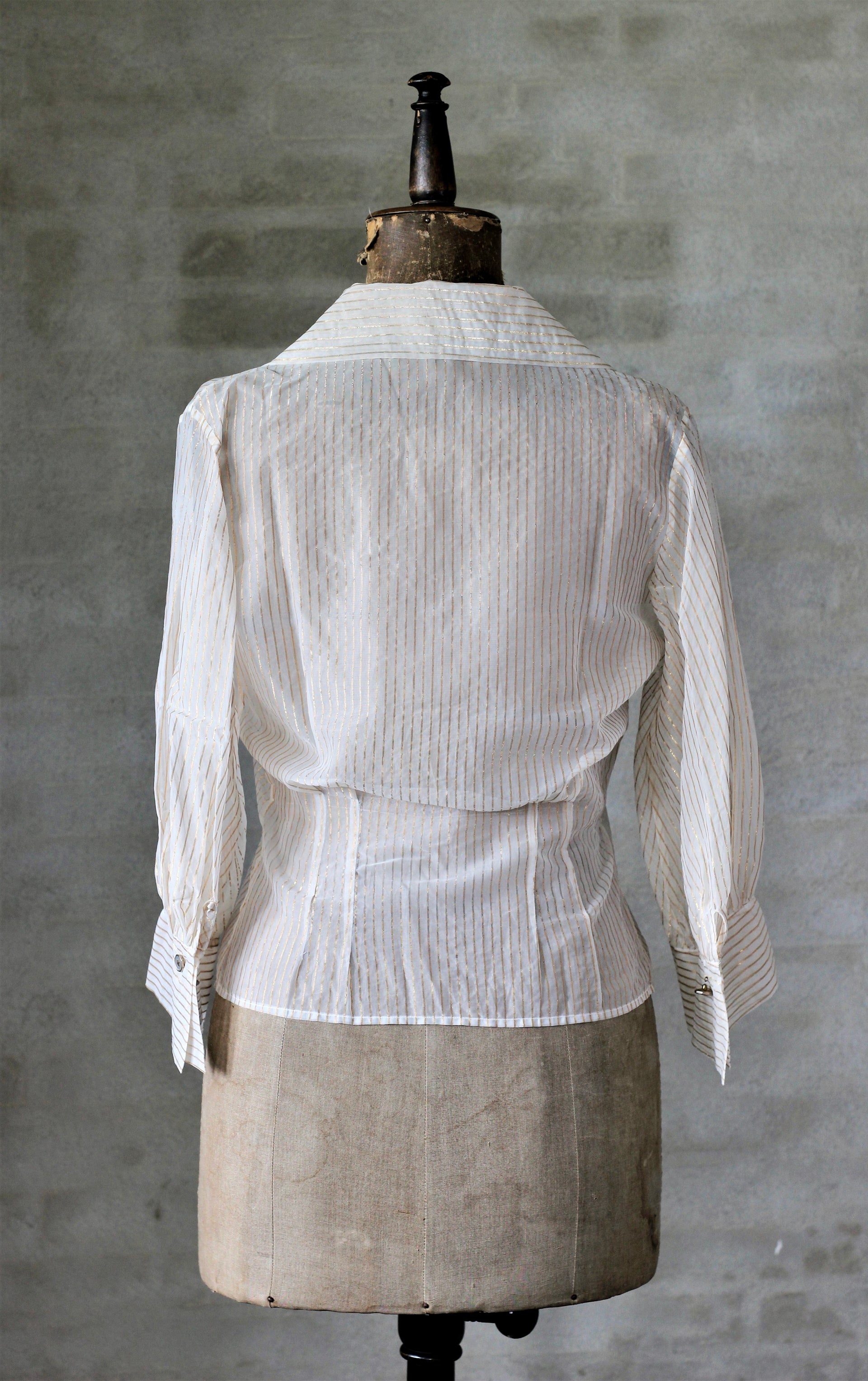 1950s Ivory Sheer Blouse With Golden Lines & Cufflinks/Size M