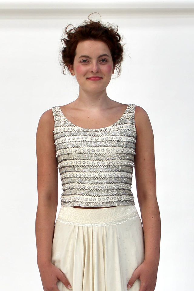 1950s Vintage Raw Silk Beaded Top // Size S