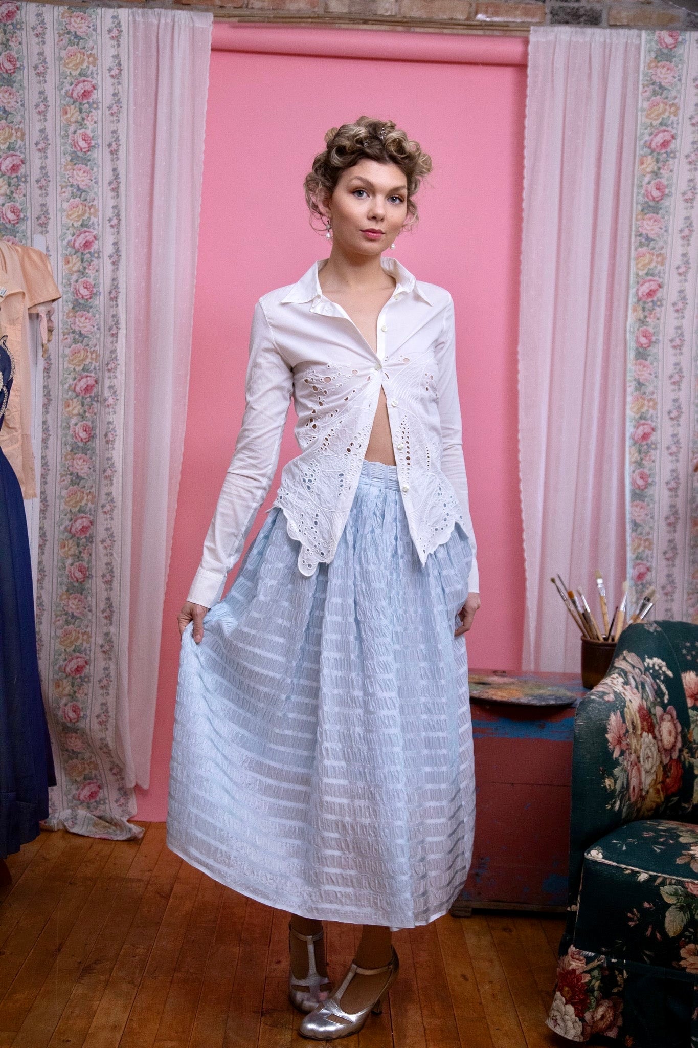 1940s Vintage Light Blue Skirt in Ruffled Fabric//Size S/M
