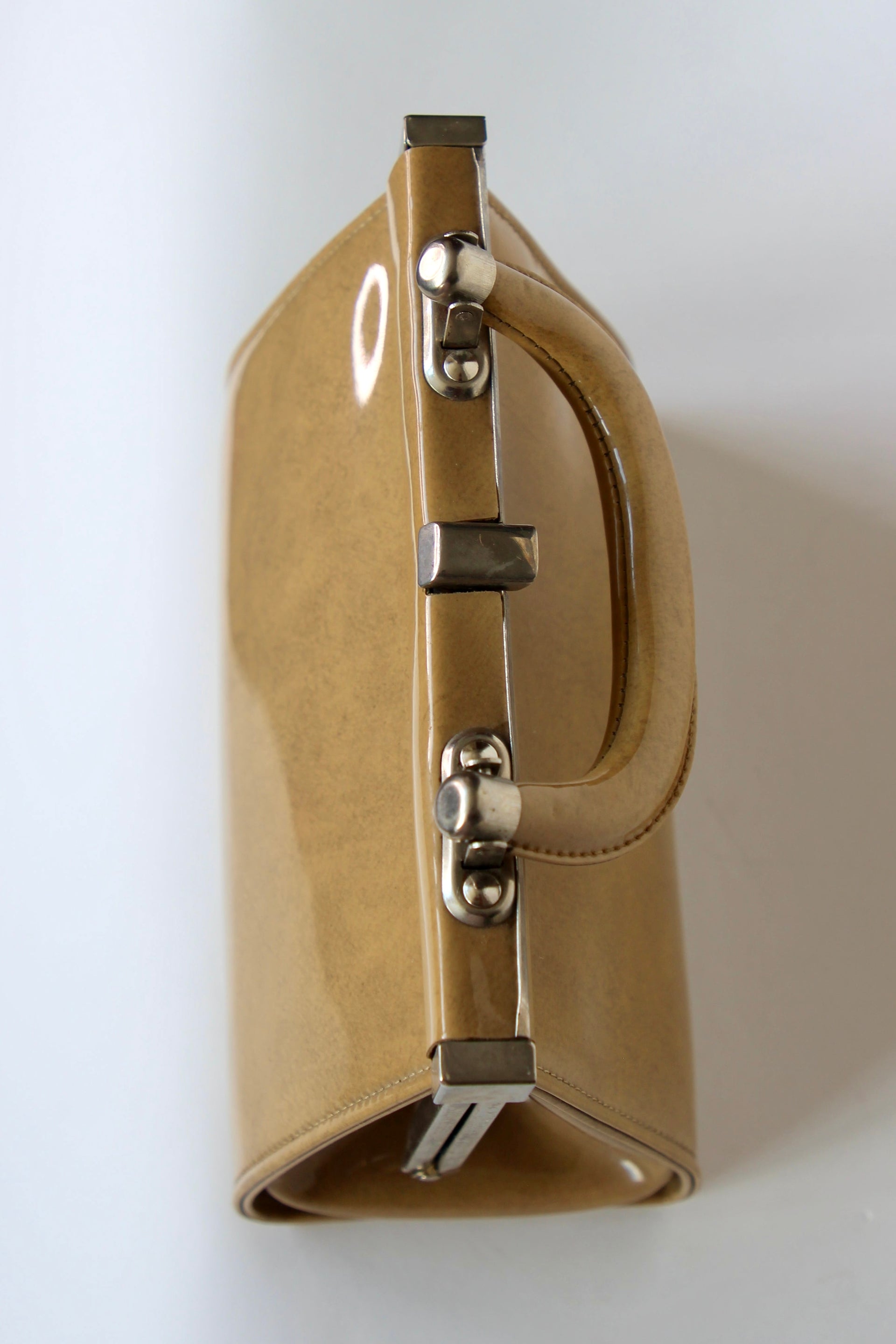 1960s Vintage Beige/Camel Vinyl Top Handle Bag/Purse with Silver Closure.