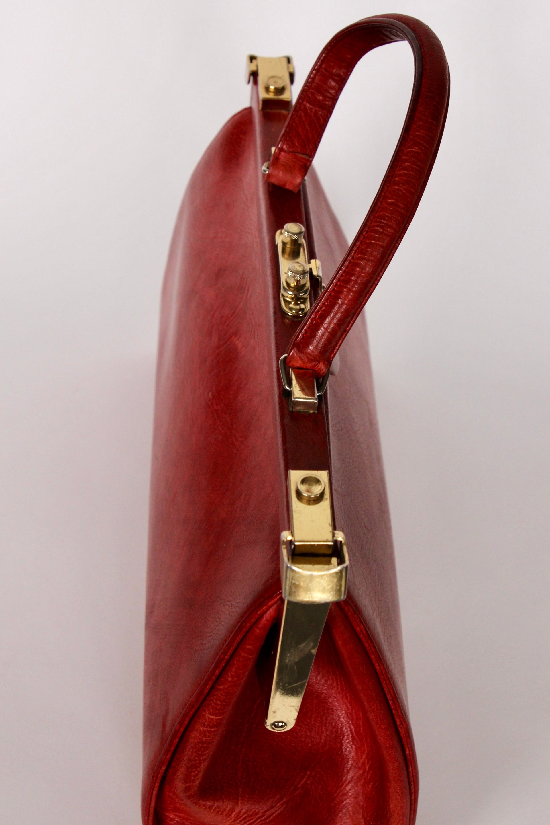 1960s Vintage Large Red Leather Top Handle Bag / Made in France