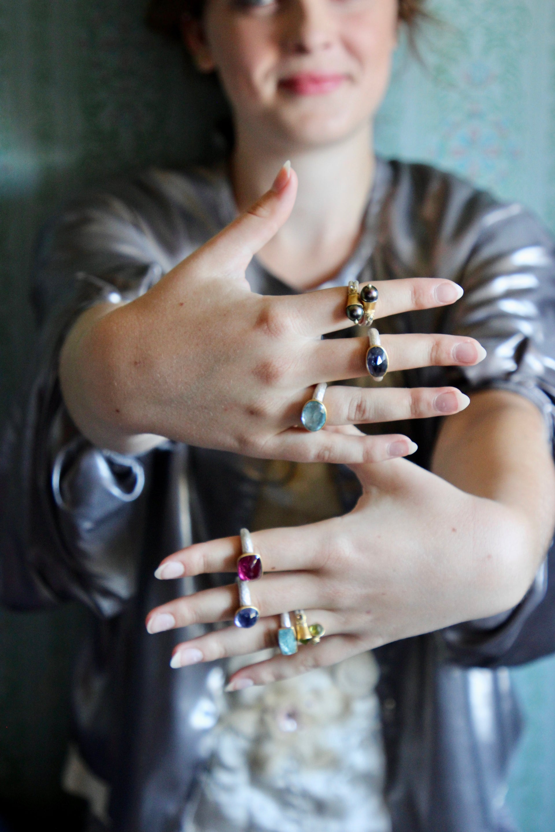 Handmade Iolite Cup Ring // Poppy Dandiya Ring // Hammered Sterling Silver // 24K Filled Gold // Size 55