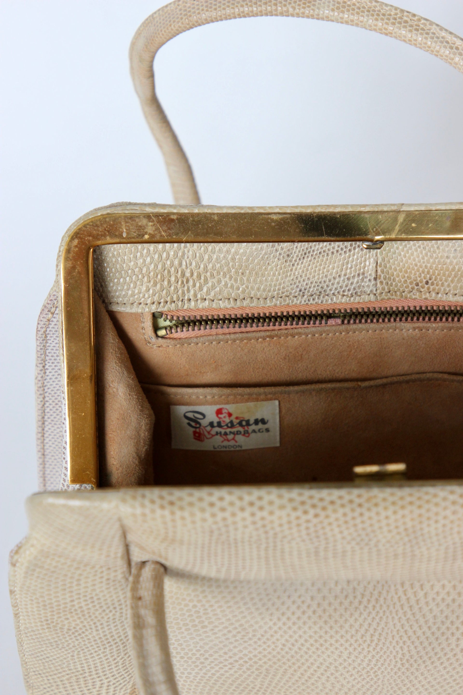 1950s Vintage Beige Lizard Leather Top Handle Bag/Purse