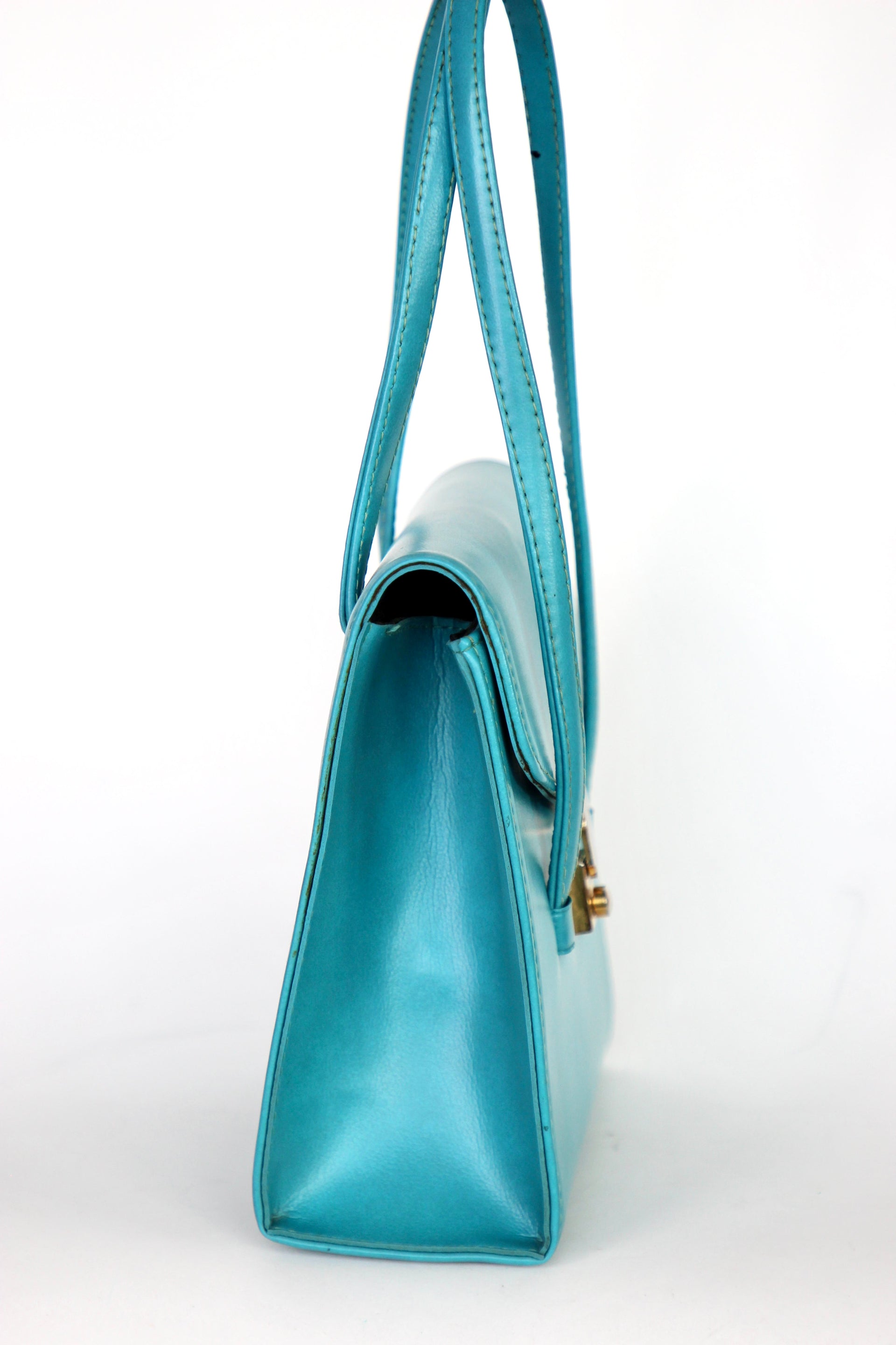 1970s Vintage Blue Vinyl Purse / Top Handle Bag