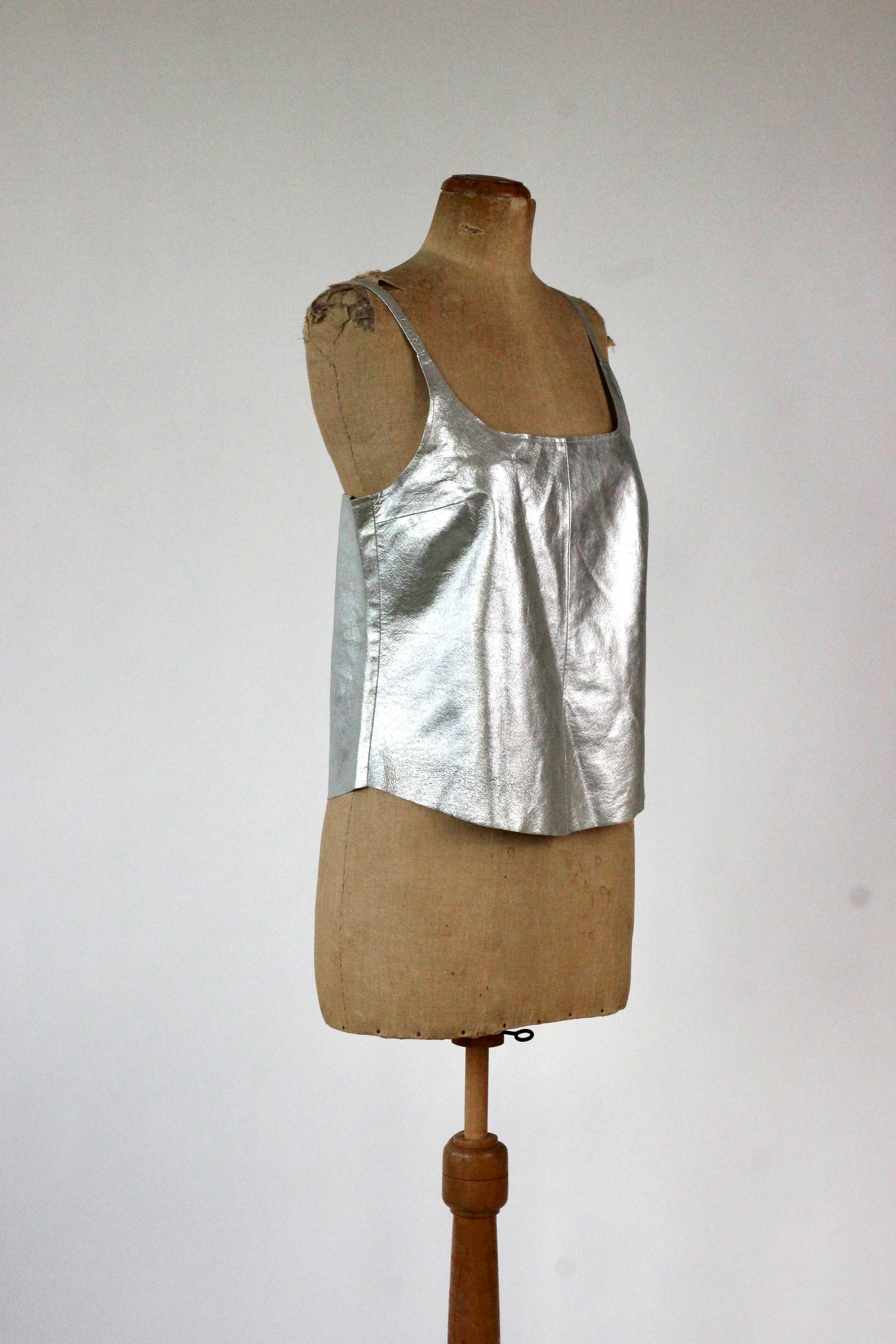 1990s Vintage Leather Silver Top//Size L