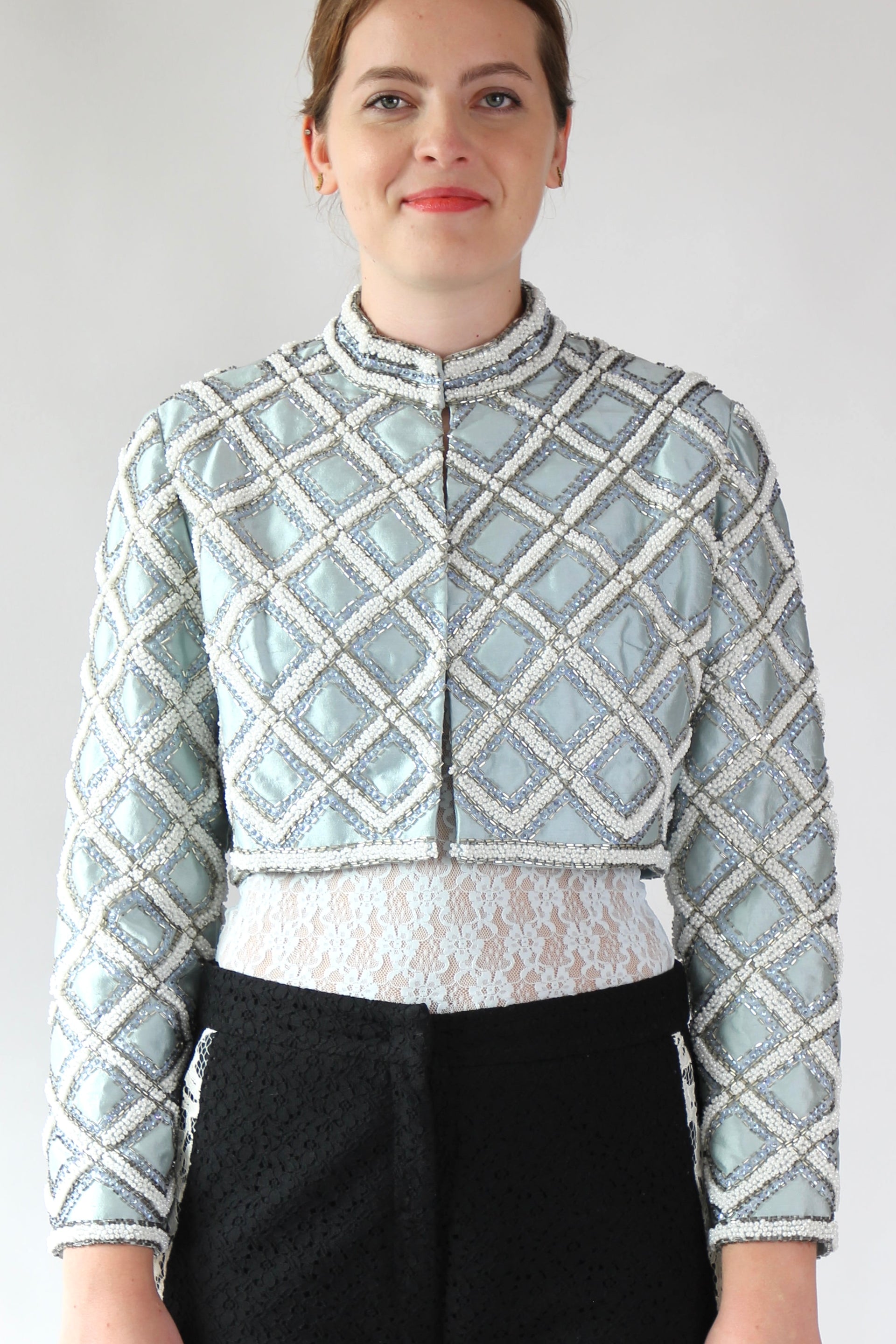 1950s 1960s Vintage Ice Blue Beaded Cropped Jacket/Bolero // Size S/M