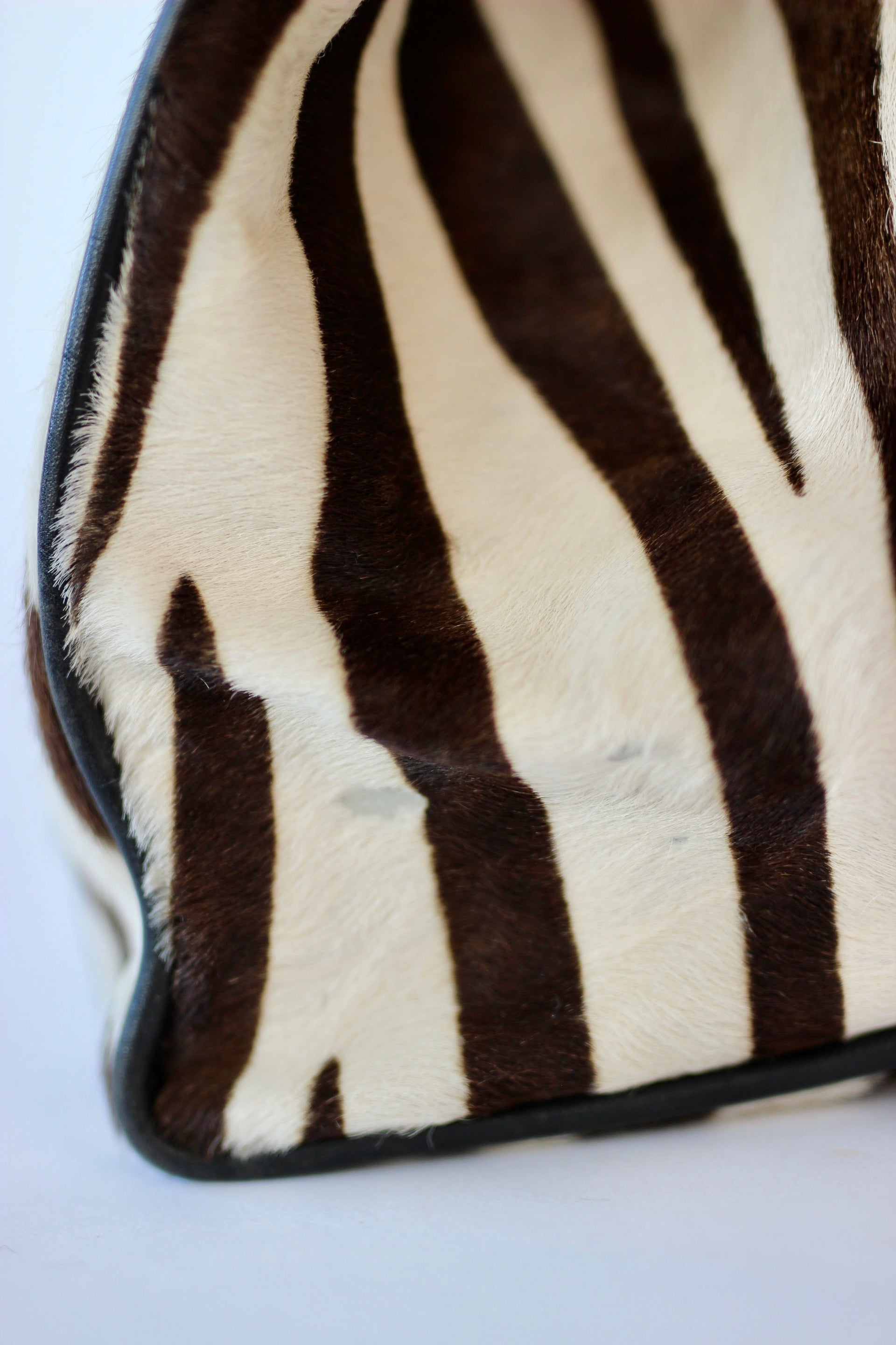 1950S 1960s Black Leather Top Handle Bag with Zebra Pattern Fur//Danish Design