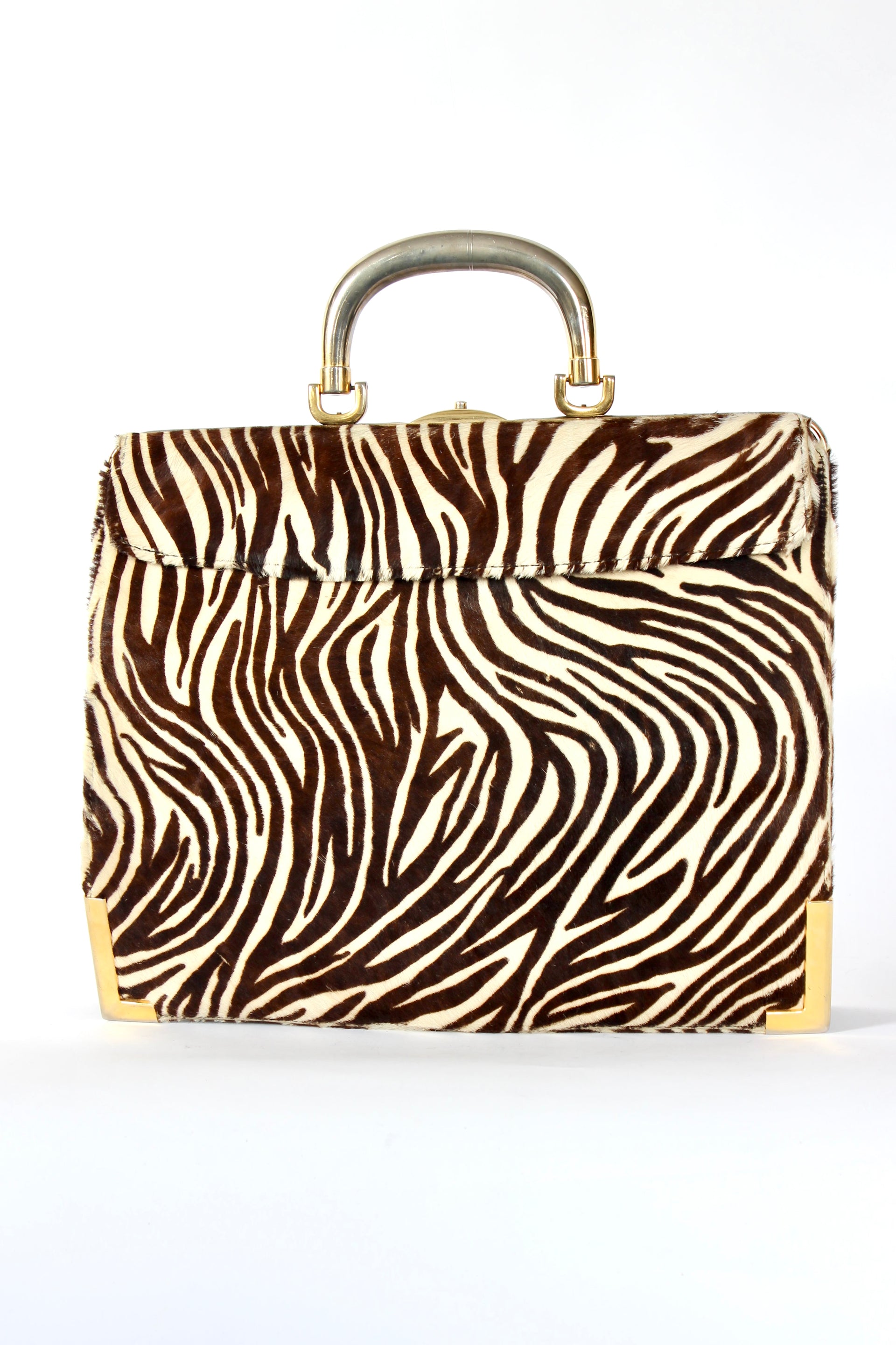 1960s Vintage Bon Goût Black Leather Top Handle Bag with Zebra Pattern Fur