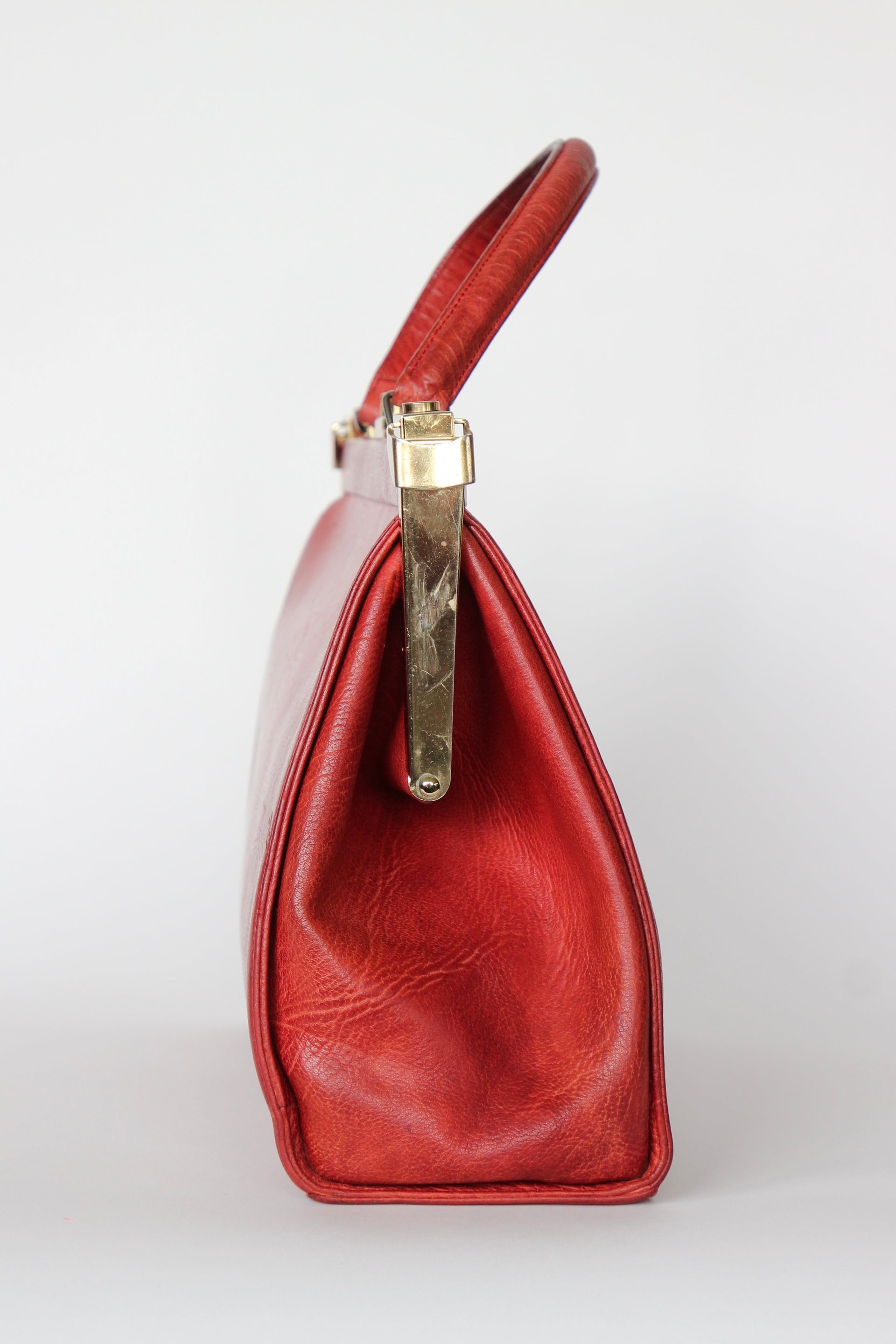 1960s Vintage Large Red Leather Top Handle Bag / Made in France
