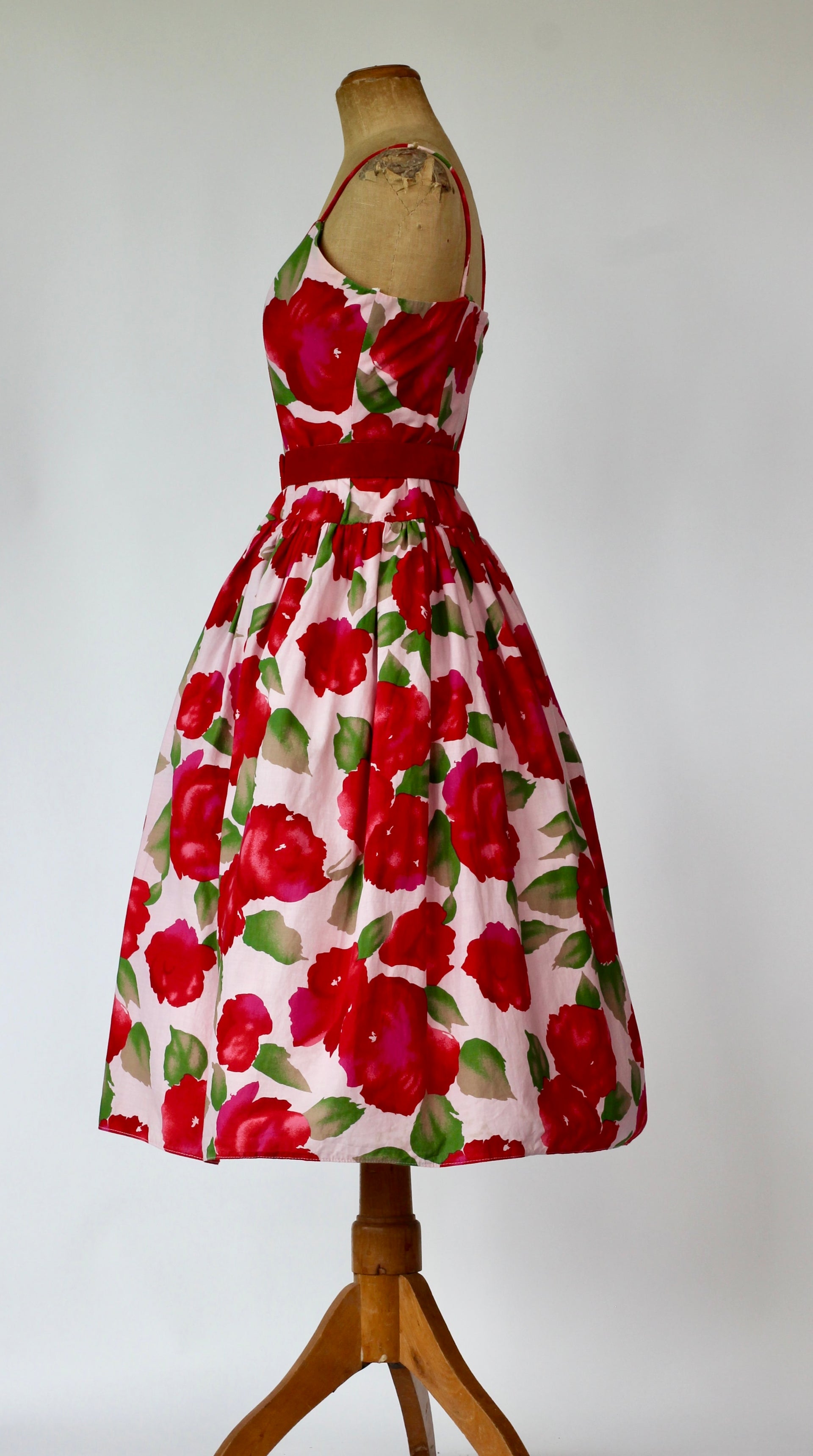 1980s Pale Pink Cotton Corsage Dress with Floral Print//Size M/L