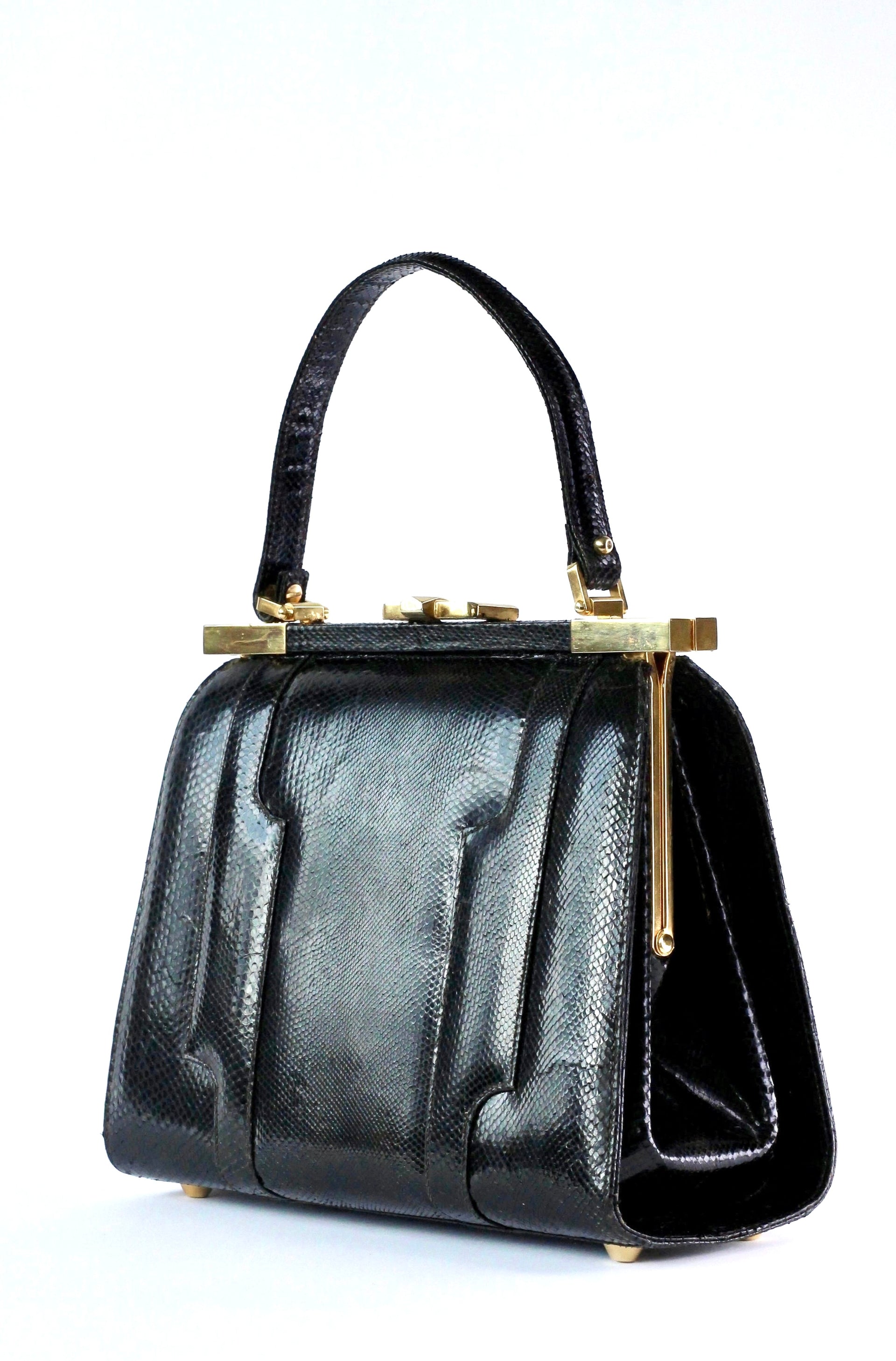 1950s Vintage Black Leather Top Handle Bag
