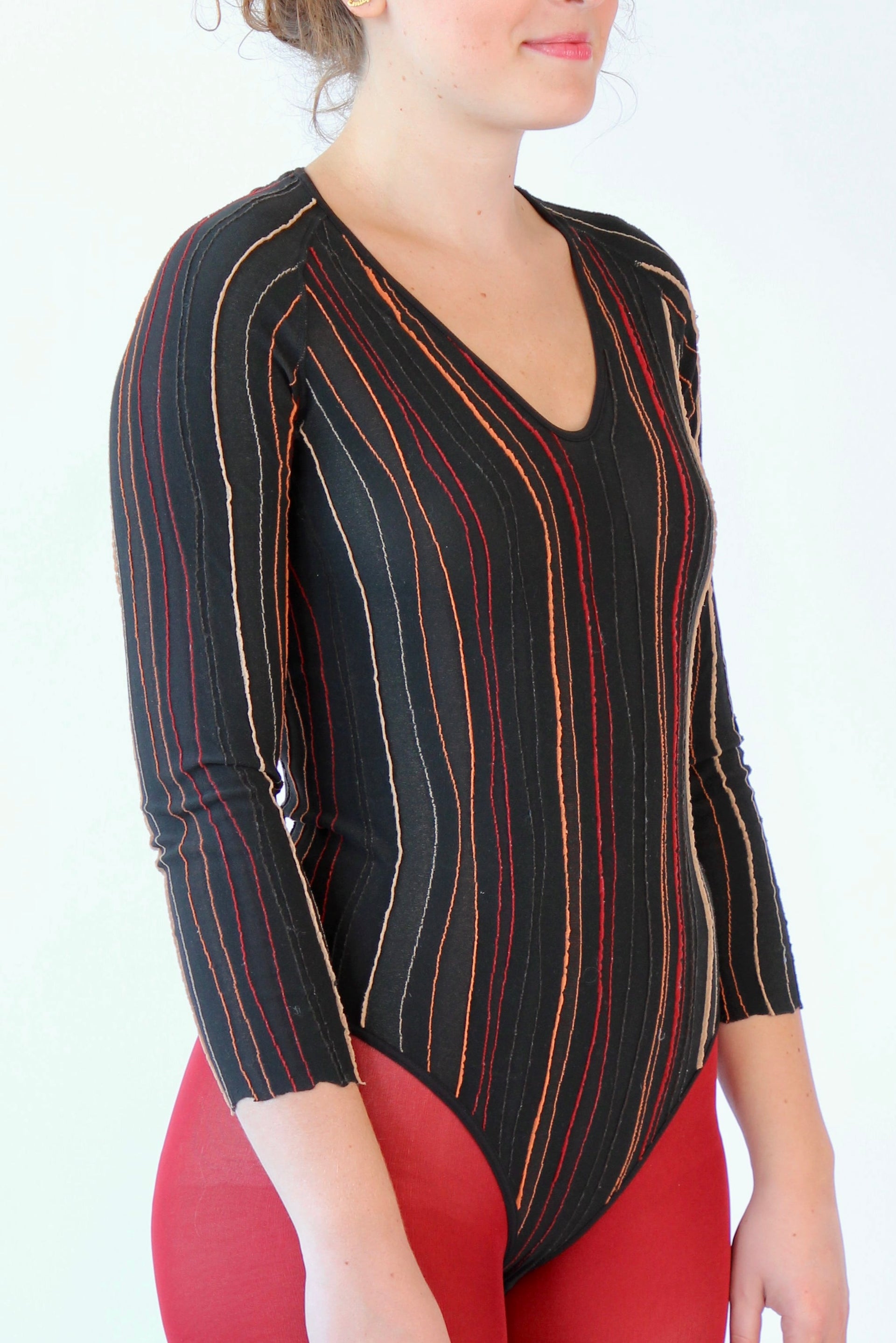 1990s Vintage Brown Striped Bodysuit // Size M