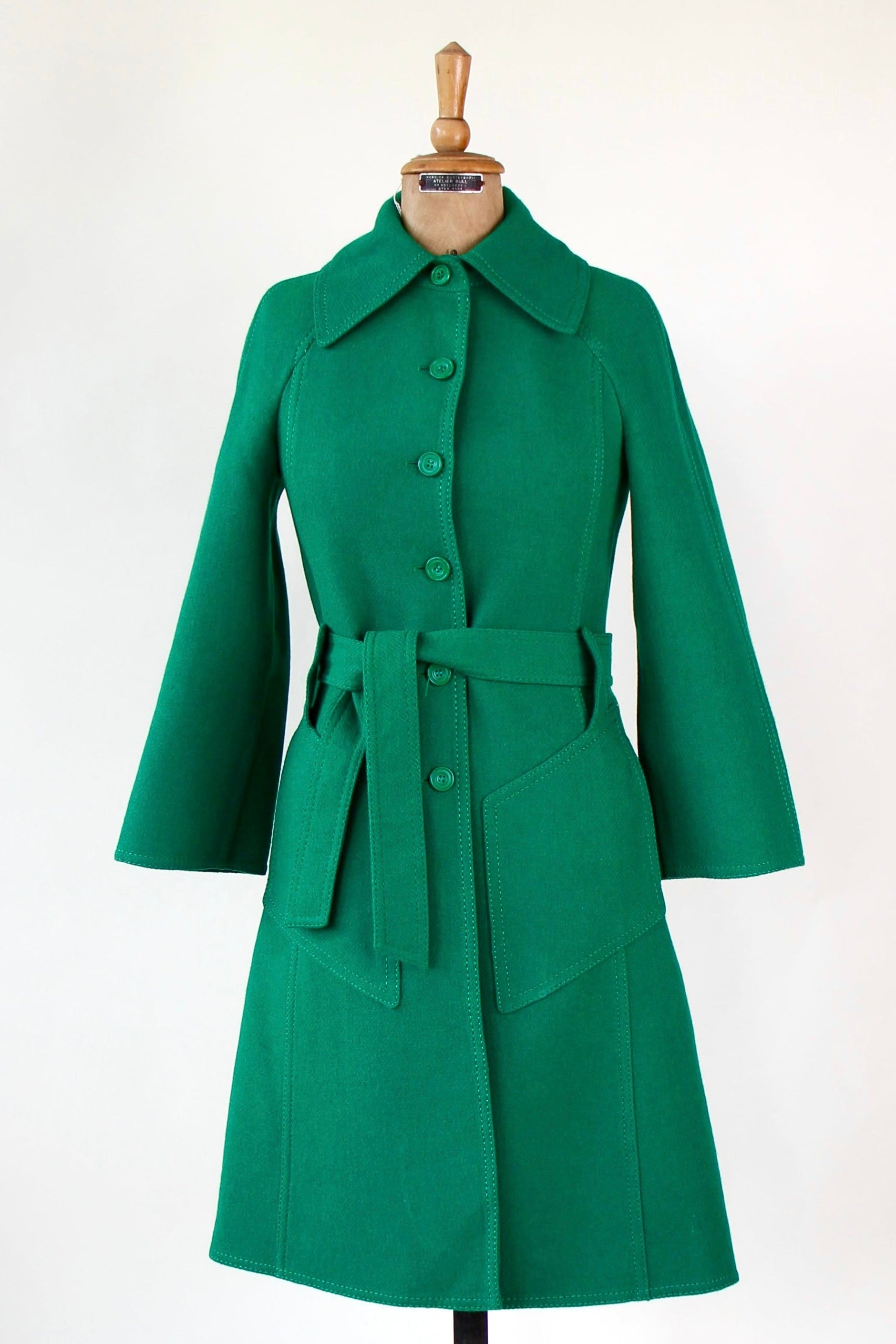 1970s Vintage Designer Green Wool Mod/Trench Coat // Size M