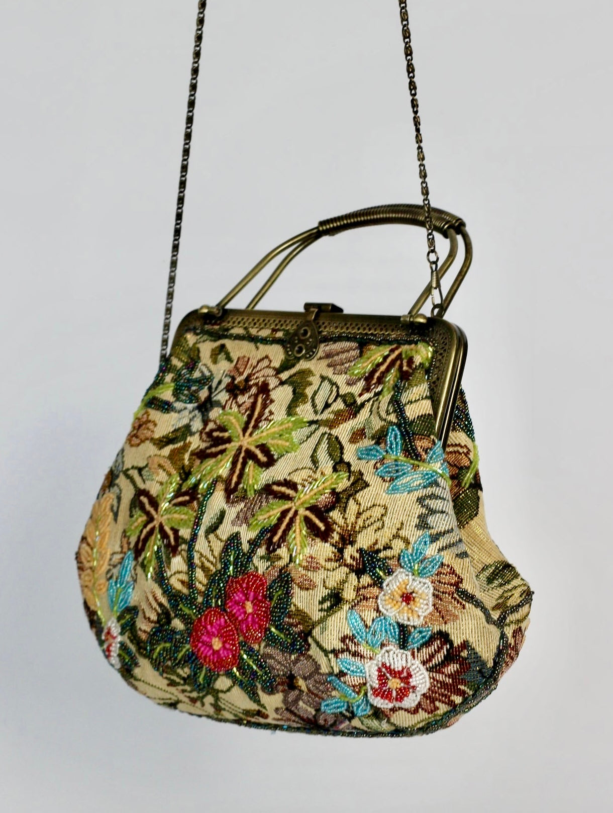 1960s Fabric Beaded Handle- and Shoulder Bag//Metal Strap