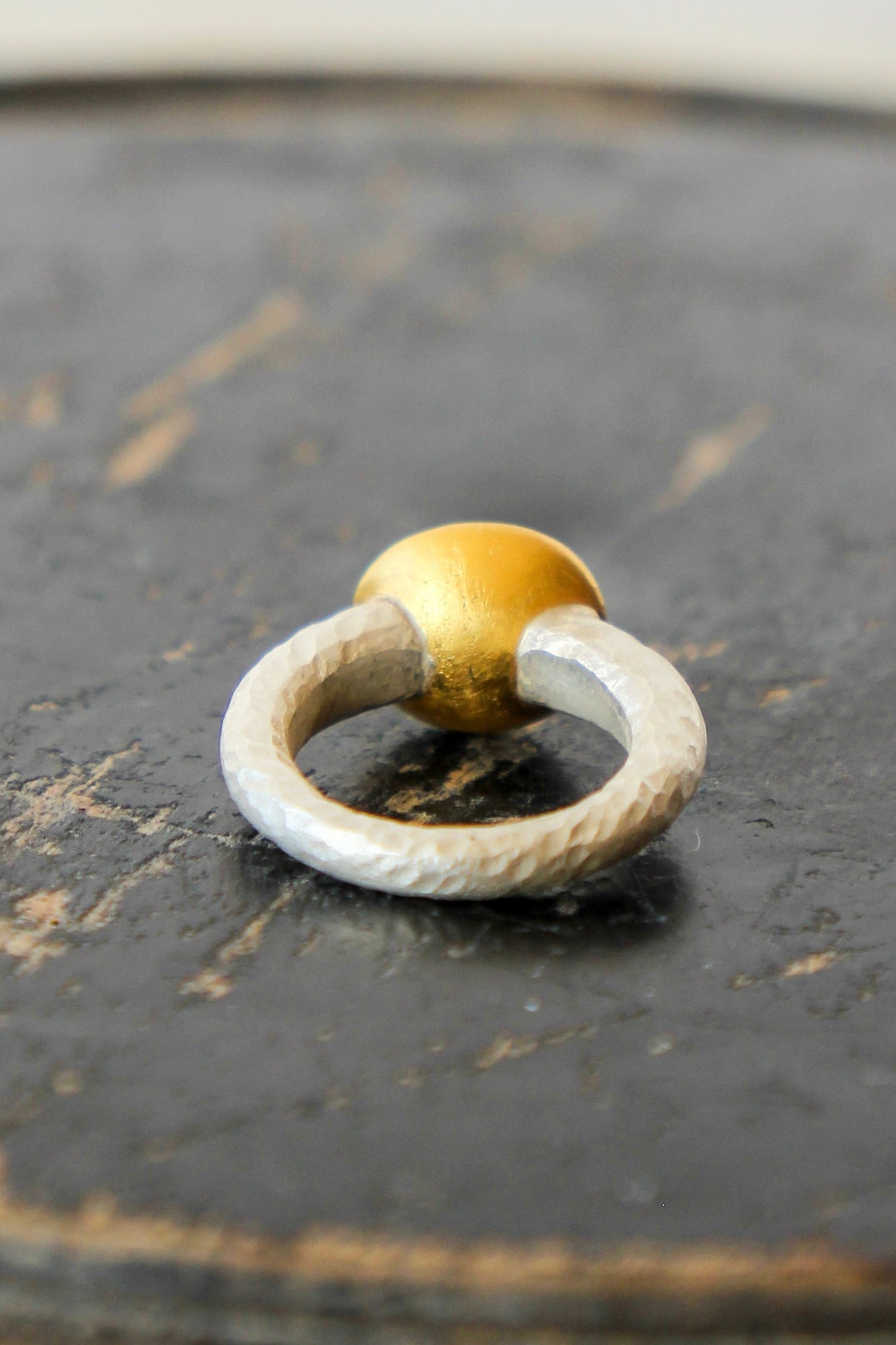 Handmade Iolite Cup Ring // Poppy Dandiya Ring // Hammered Sterling Silver // 24K Filled Gold // Size 53
