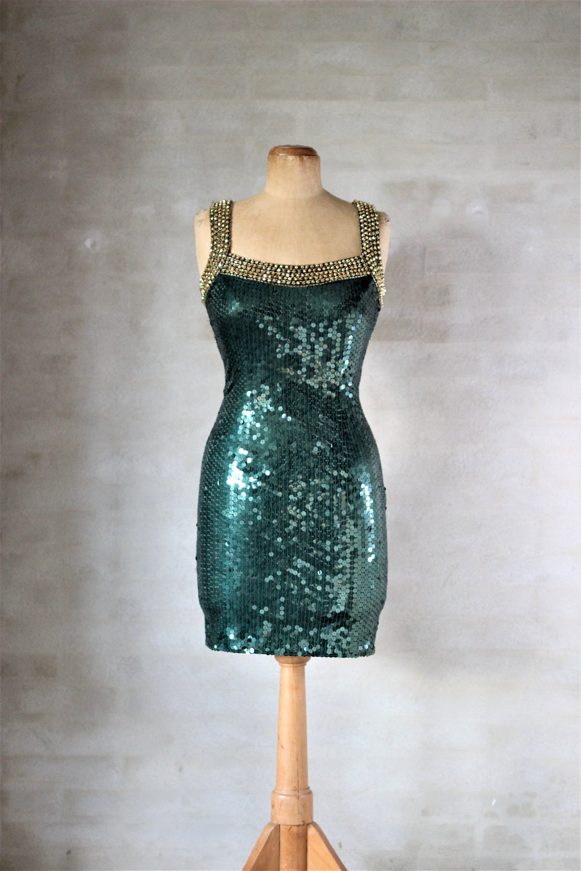 1980s Vintage Dark Green Sequin Dress//Size S