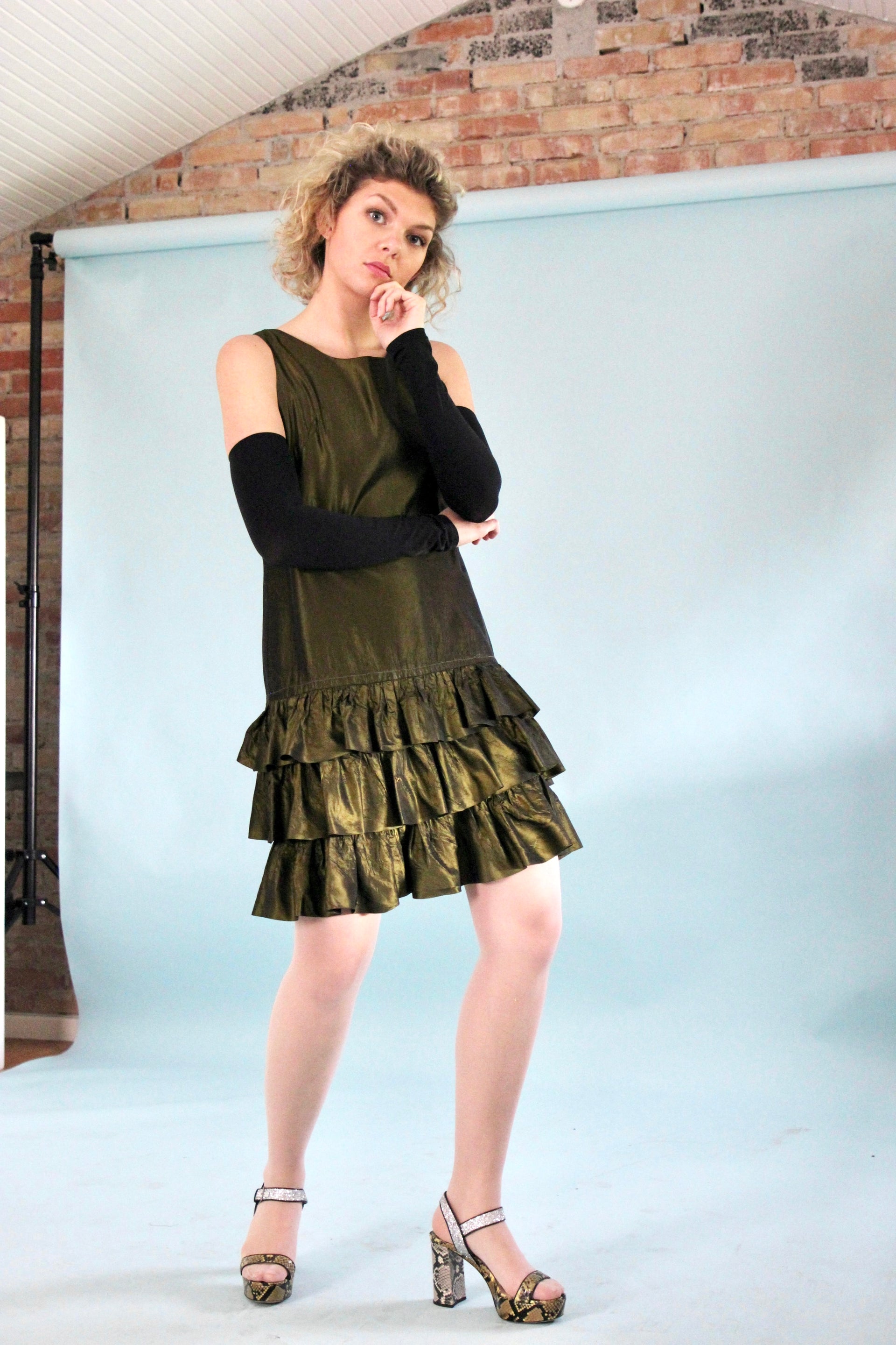 1960s Army Green Mini Dress with Ruffle Skirt // Size M
