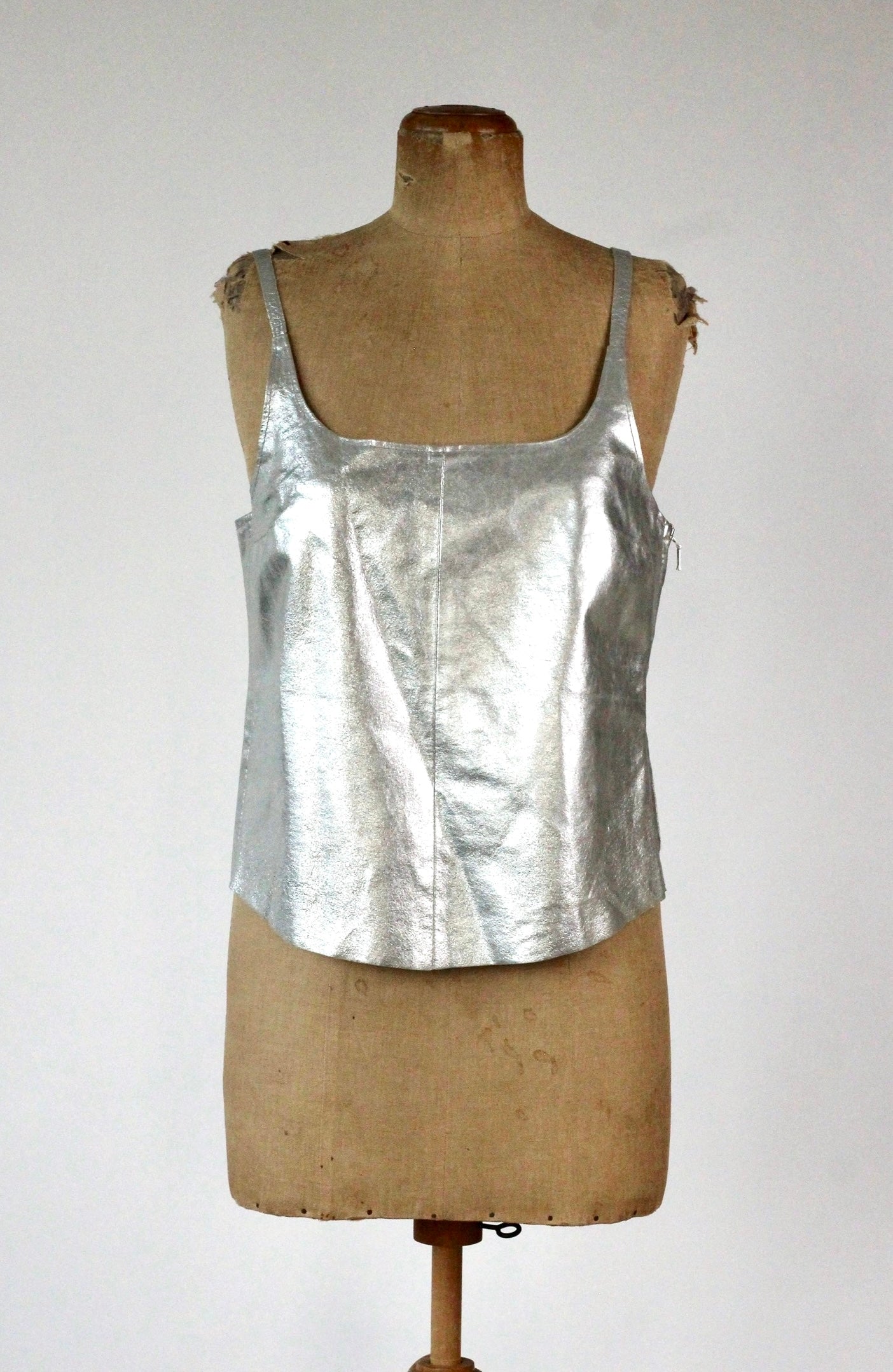 1990s Vintage Leather Silver Top//Size L