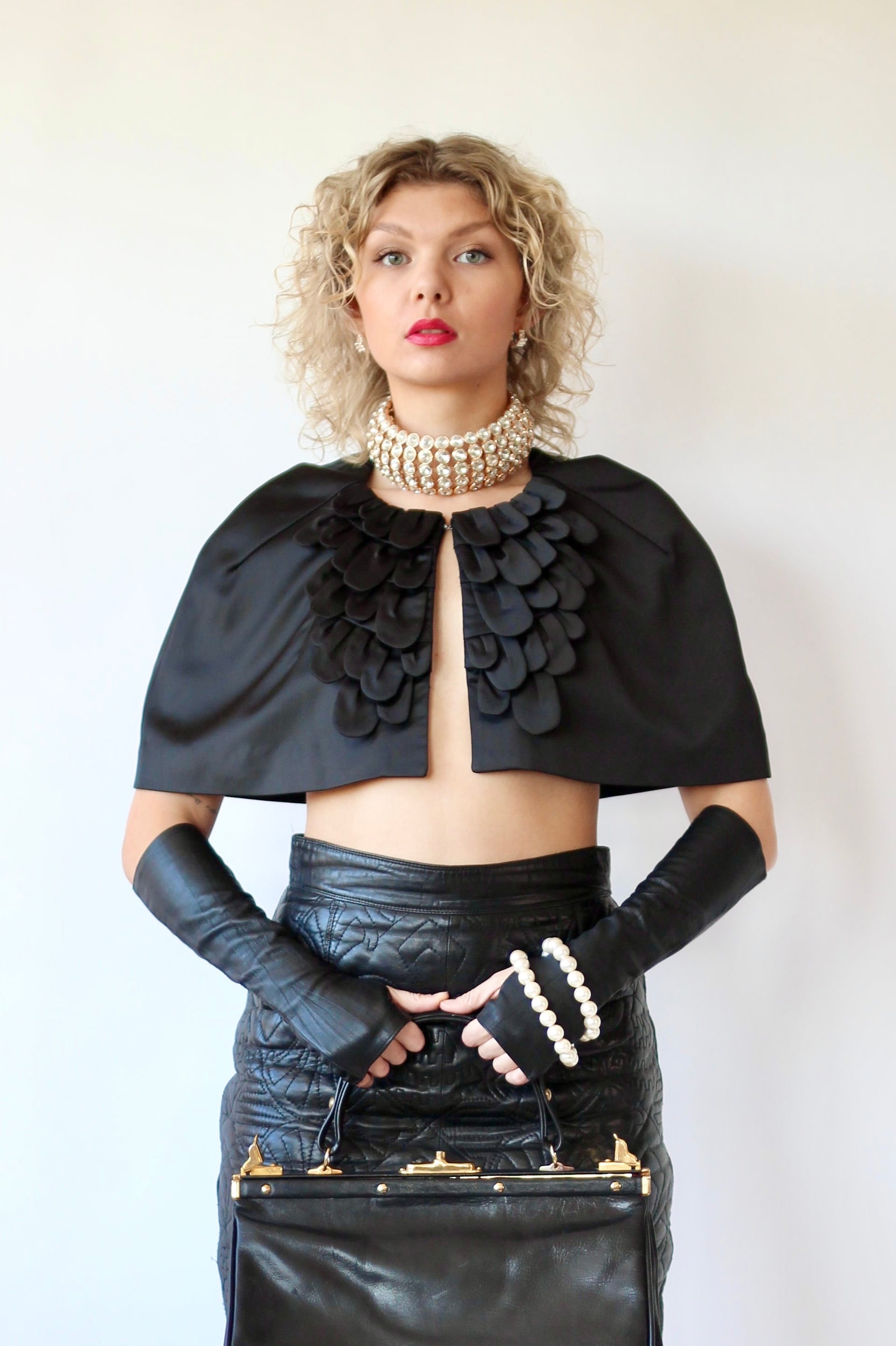 Y2K Vintage Black Cape with 3D Fabric Leaves//Danish Design//Size S/M