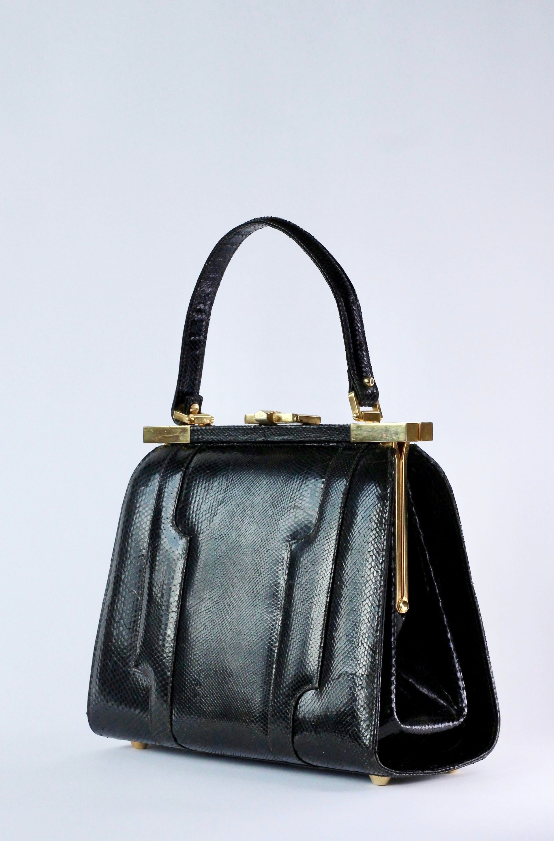 1950s Vintage Black Leather Top Handle Bag