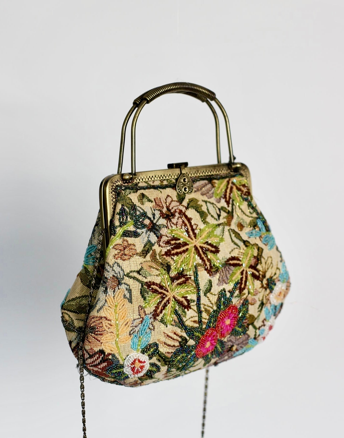 1960s Fabric Beaded Handle- and Shoulder Bag//Metal Strap