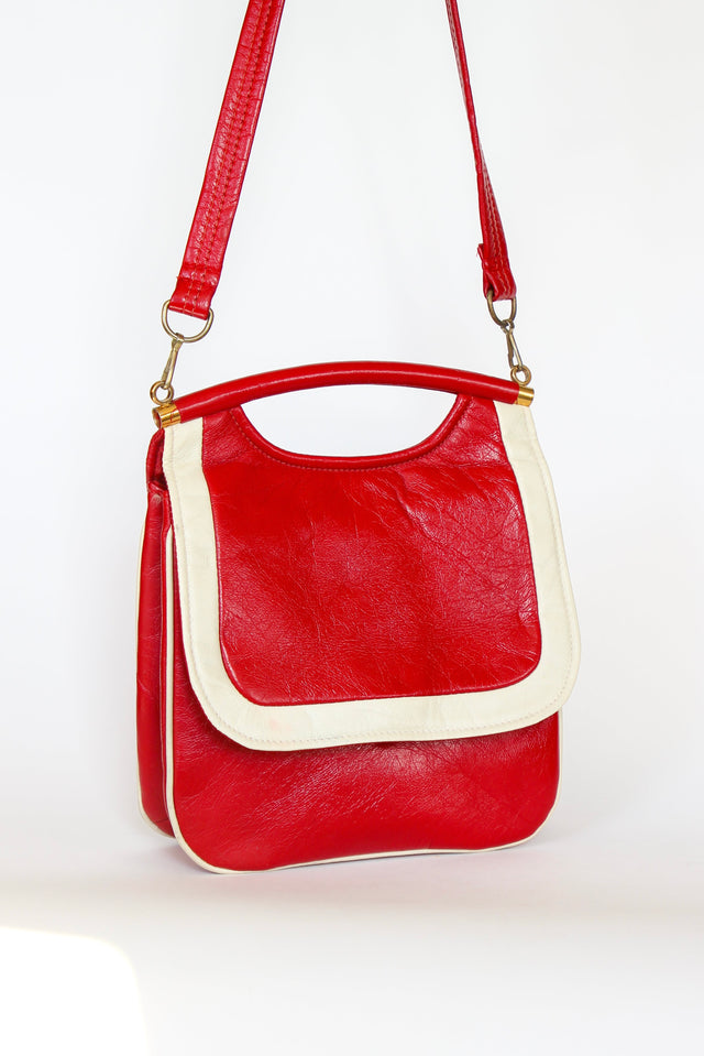 1970s Vintage Red and White Vinyl Top Handle Bag/Shoulder Bag