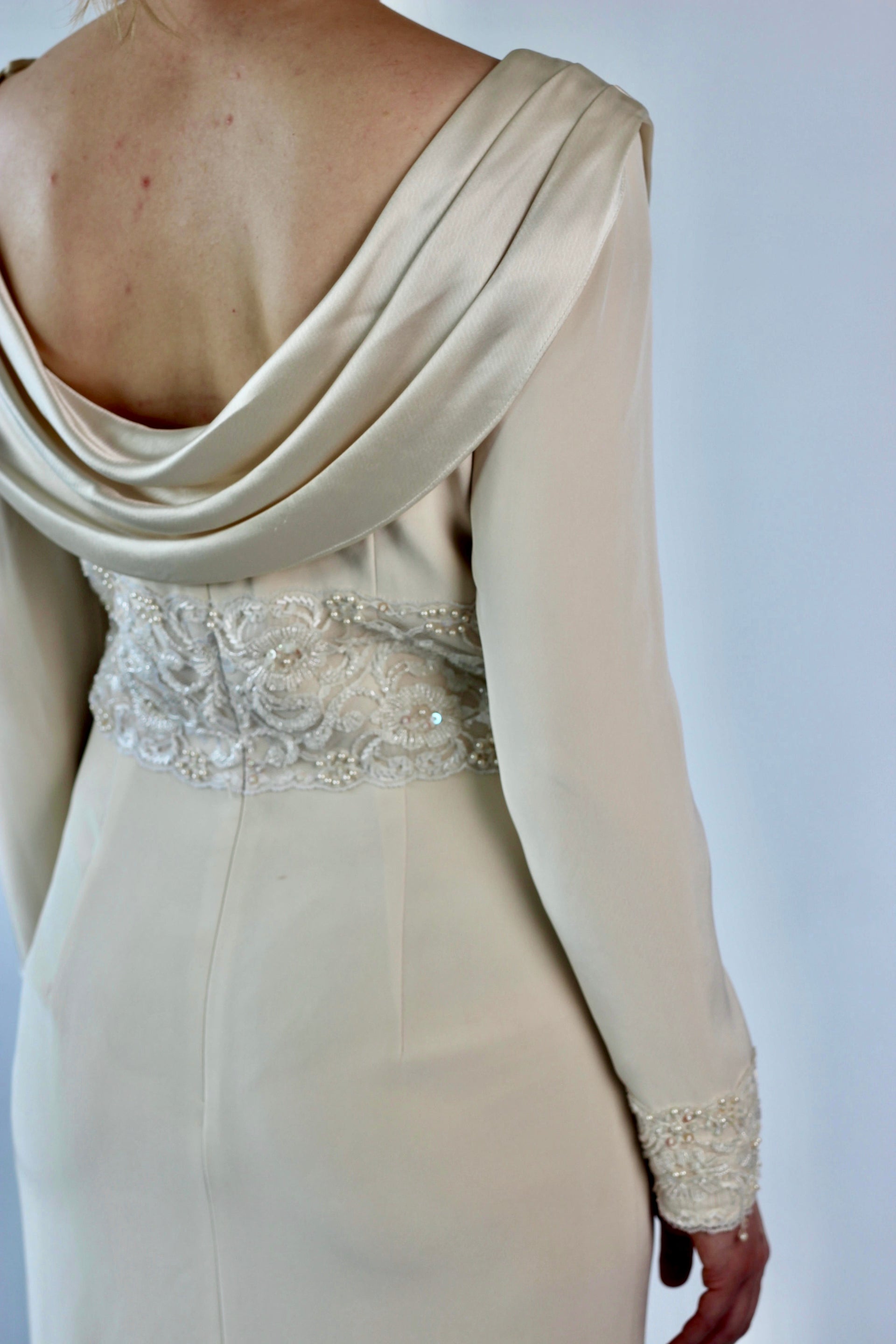 Black Tie Olga Cassini Classic Cream Long Bridal Sheath with Shawl Collar//Beaded Sequins Band//Column//Size M